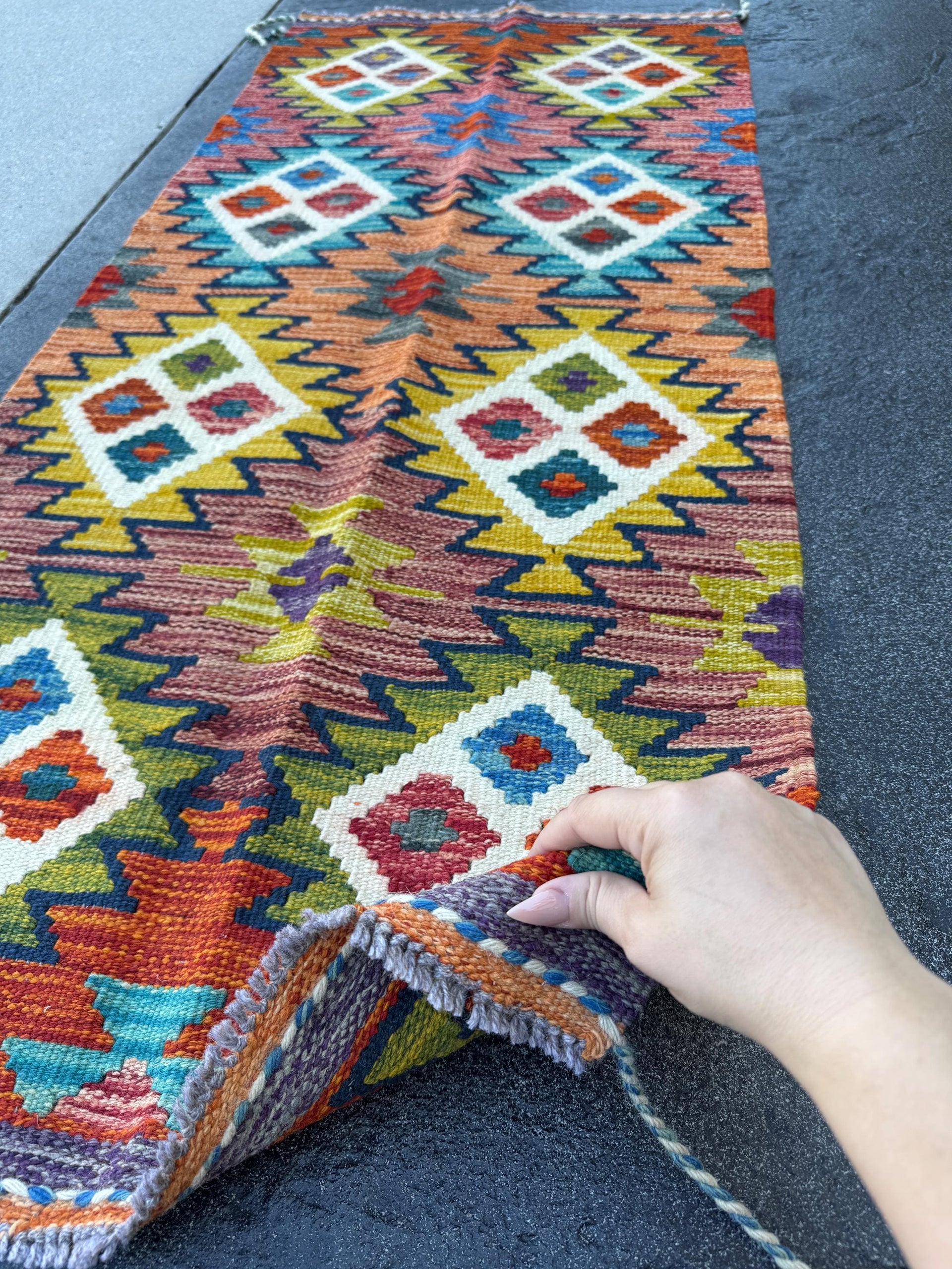 2x5 Handmade Afghan Kilim Runner Rug | Rust Red Burnt Orange Mustard Yellow Olive Green Cream White Teal Aqua Blue Navy Purple Grey | Wool