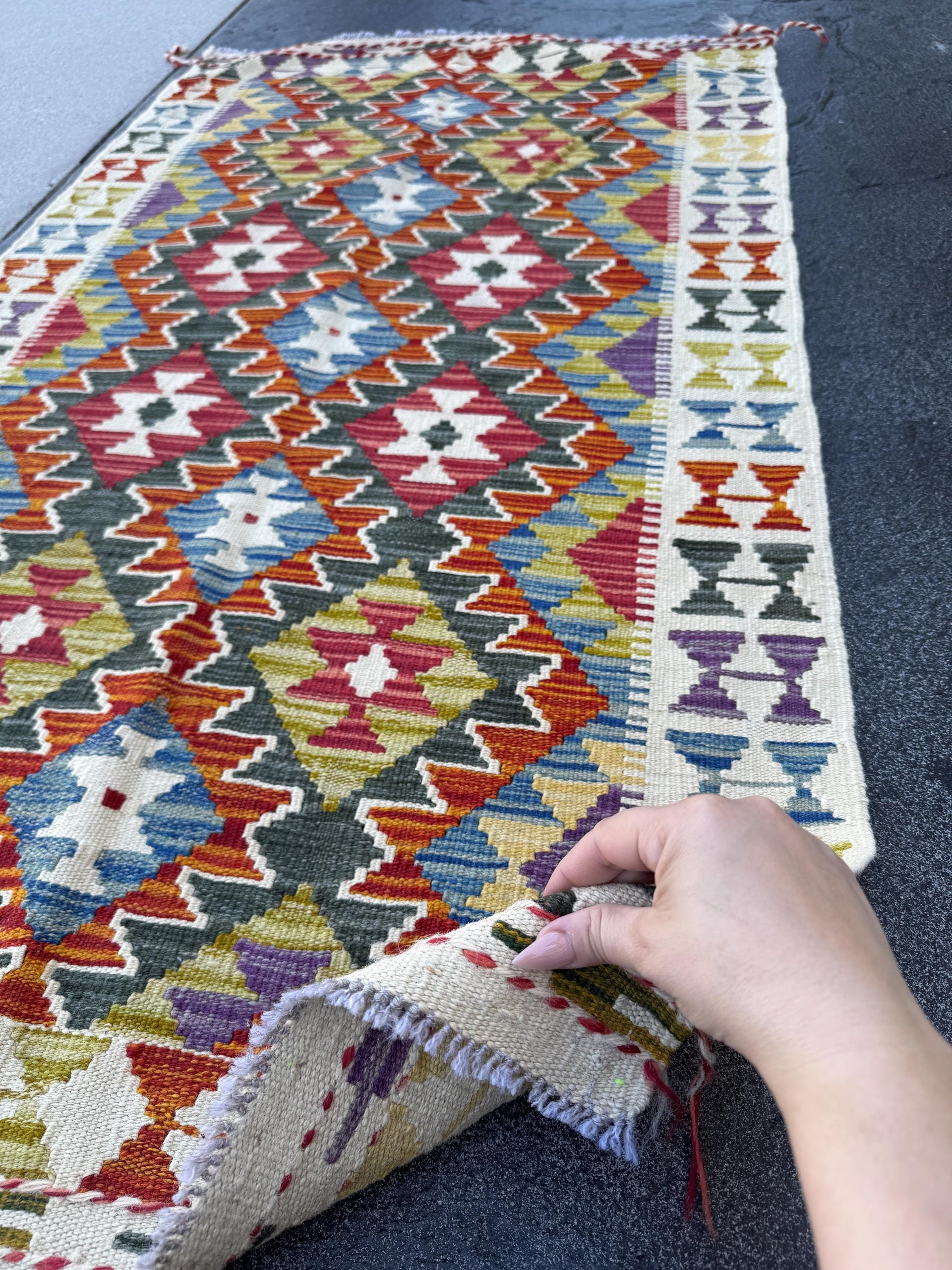 3x5 (91x152) Handmade Afghan Kilim Rug | Cream White Forest Green Rust Red Burnt Orange Mustard Yellow Purple Teal Blue Navy Grey | Wool
