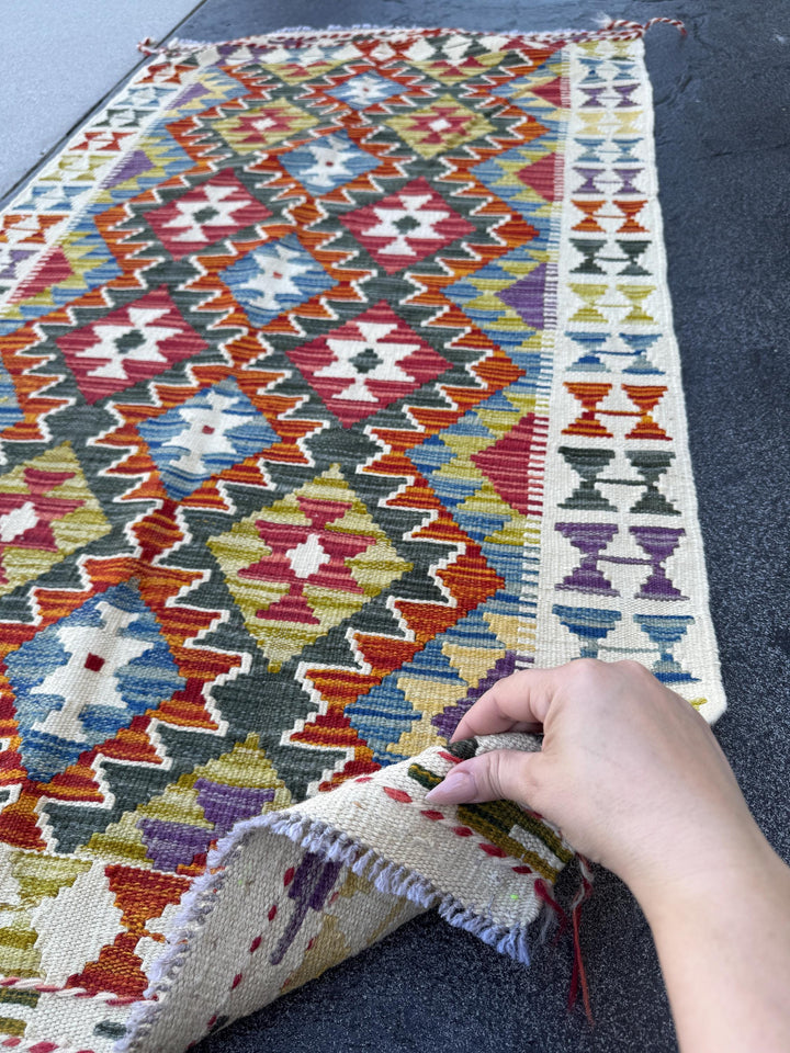 3x5 (91x152) Handmade Afghan Kilim Rug | Cream White Forest Green Rust Red Burnt Orange Mustard Yellow Purple Teal Blue Navy Grey | Wool