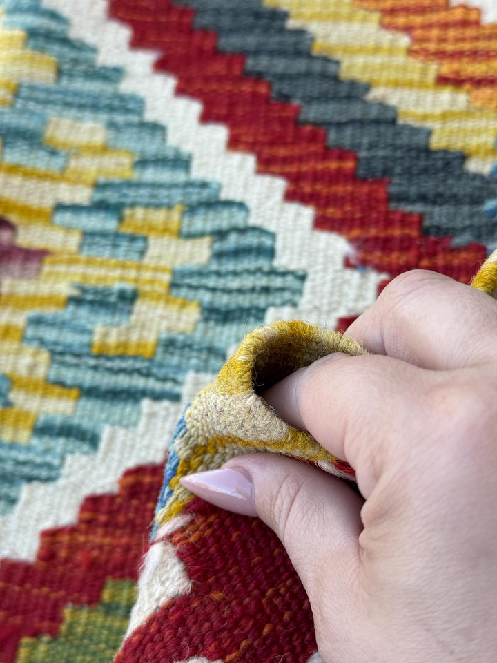 2x5 Handmade Afghan Kilim Runner Rug | Rust Red Burnt Orange Mustard Yellow Olive Green Teal Aqua Blue Cream White Grey | Wool Flatwoven