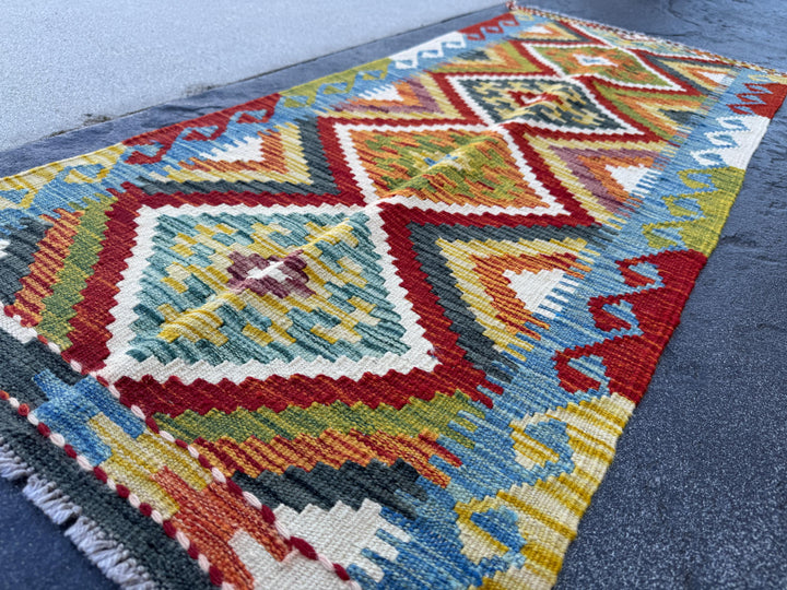 2x5 Handmade Afghan Kilim Runner Rug | Rust Red Burnt Orange Mustard Yellow Olive Green Teal Aqua Blue Cream White Grey | Wool Flatwoven
