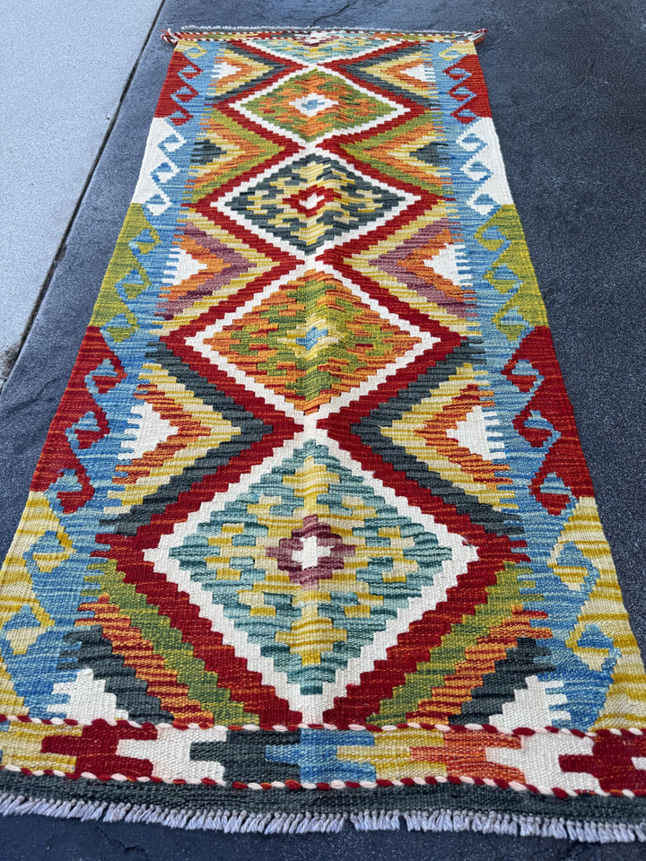 2x5 Handmade Afghan Kilim Runner Rug | Rust Red Burnt Orange Mustard Yellow Olive Green Teal Aqua Blue Cream White Grey | Wool Flatwoven