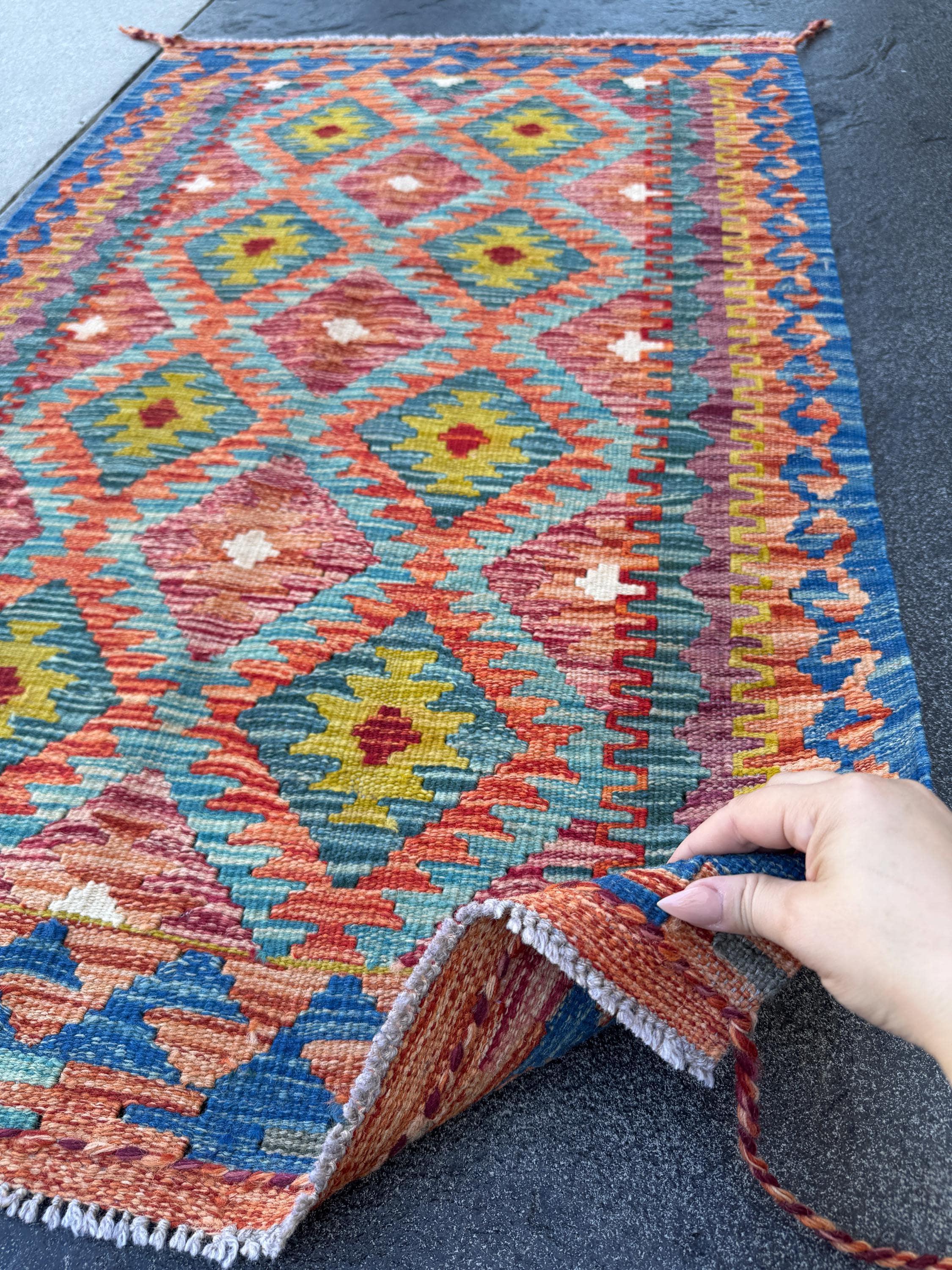 3x4 Handmade Afghan Kilim Rug | Burnt Orange Rust Red Mustard Yellow Aqua Blue Teal Olive Green Purple Cream White Grey | Wool Flatwoven