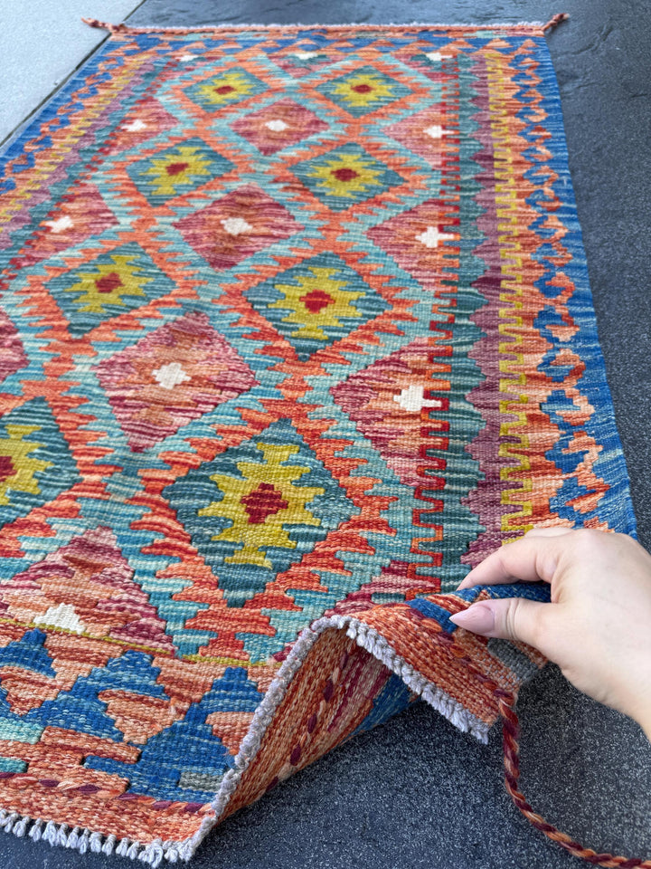 3x4 Handmade Afghan Kilim Rug | Burnt Orange Rust Red Mustard Yellow Aqua Blue Teal Olive Green Purple Cream White Grey | Wool Flatwoven