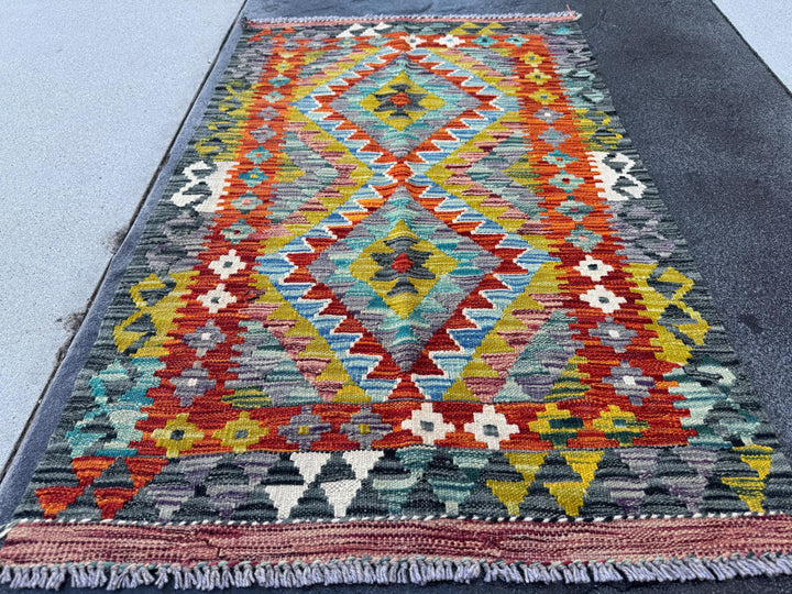 3x4 Handmade Afghan Kilim Rug | Rust Red Burnt Orange Mustard Yellow Olive Green Teal Aqua Blue Cream White Navy Purple Grey | Flatwoven