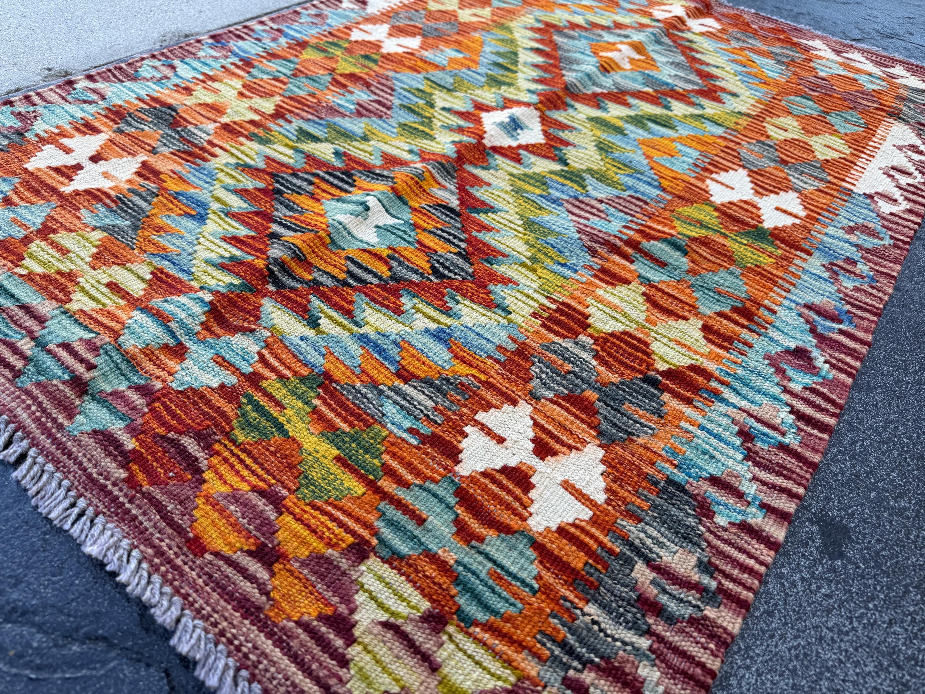 3x4 Handmade Afghan Kilim Rug | Rust Red Burnt Orange Cream White Mustard Yellow Olive Green Teal Aqua Blue Navy Purple Grey | Flatwoven