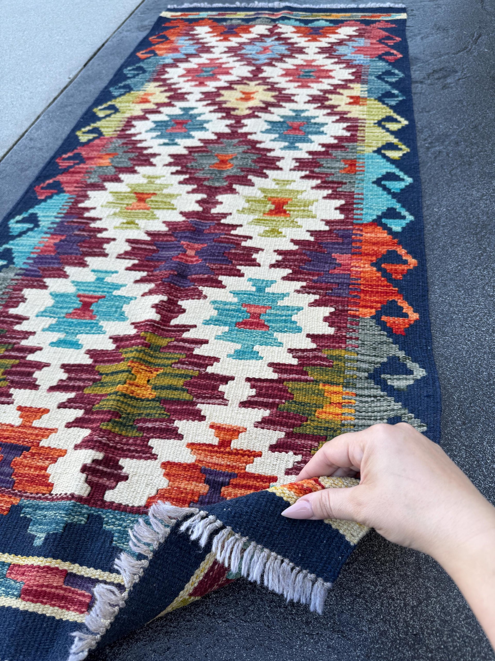 2x5 Handmade Afghan Kilim Runner Rug | Burgundy Rust Red Burnt Orange Mustard Yellow Olive Green Teal Aqua Blue Navy Cream Grey Purple