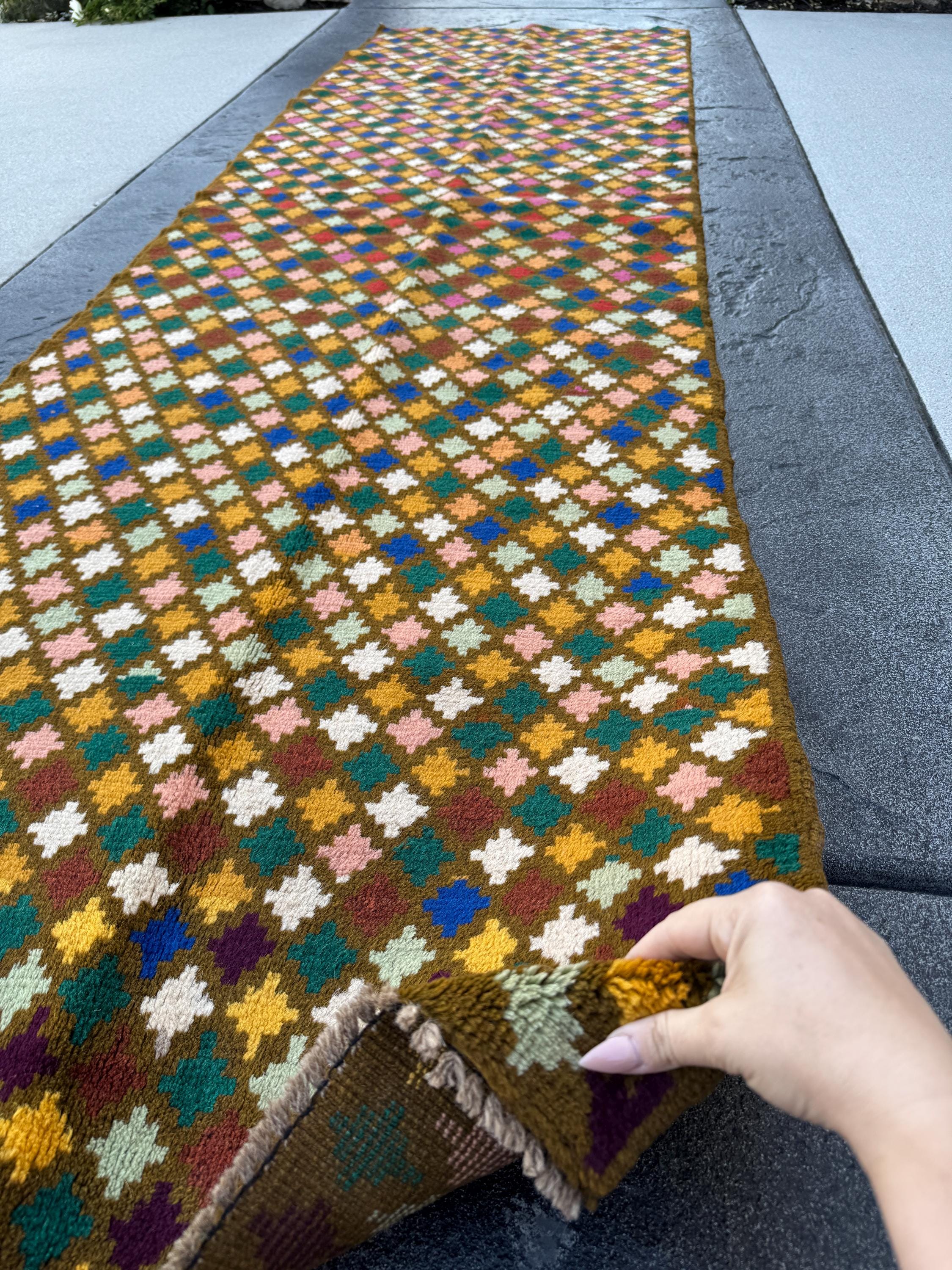 3x10 Handmade Vintage Afghan Baluch Runner Rug | Moss Forest Mint Green Blue Cream White Chocolate Brown Salmon Pink Mustard Burnt Orange