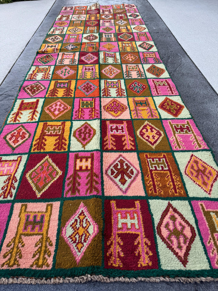 3x10 Handmade Vintage Afghan Baluch Runner Rug | Forest Mint Green Rose Salmon Pink Chocolate Brown Brick Red Mustard Gold Burnt Orange