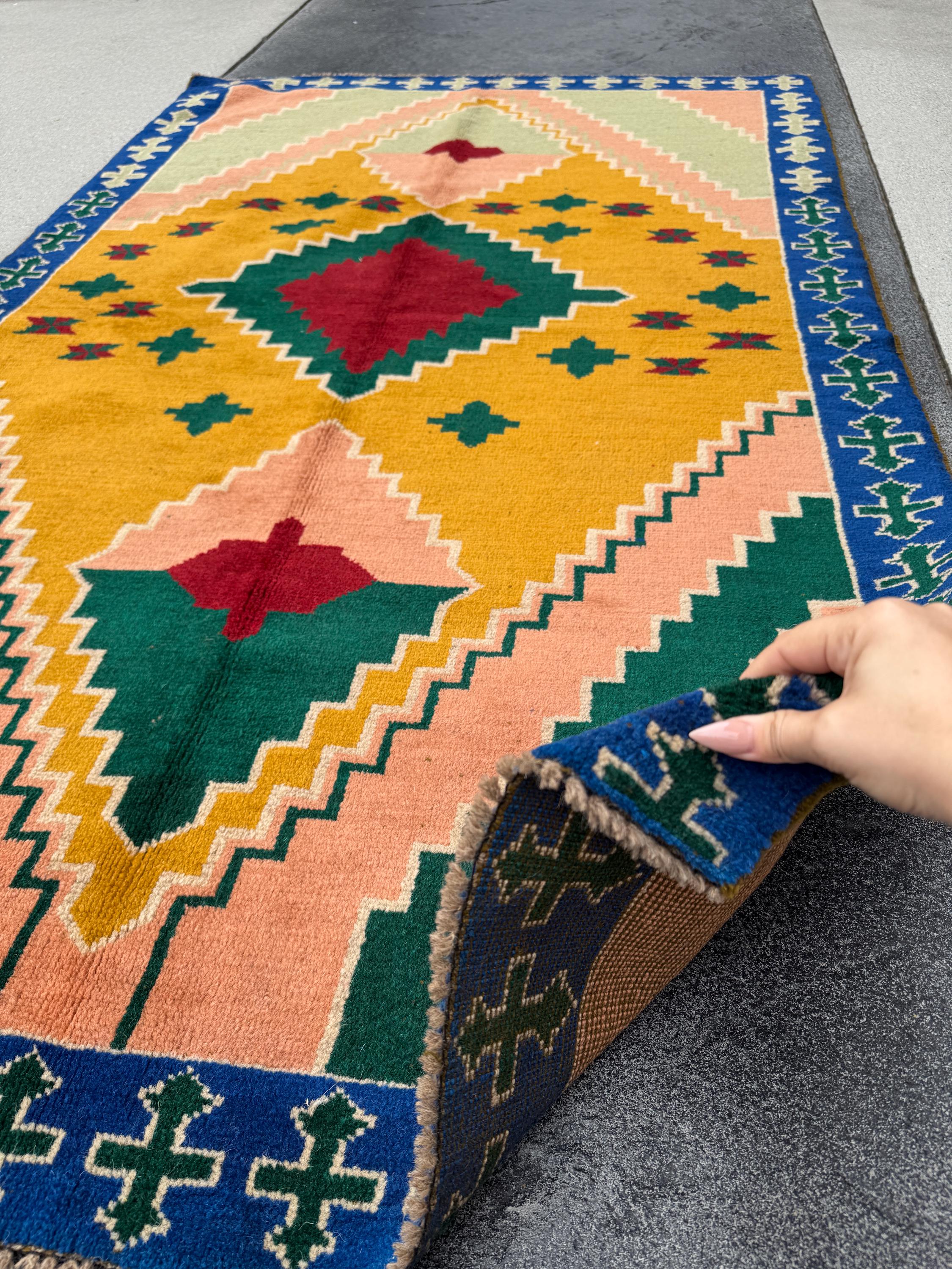 4x6 Handmade Vintage Afghan Baluch Rug | Forest Mint Green Mustard Yellow Navy Blue Peach Cream White Brick Red | Wool Flatwoven