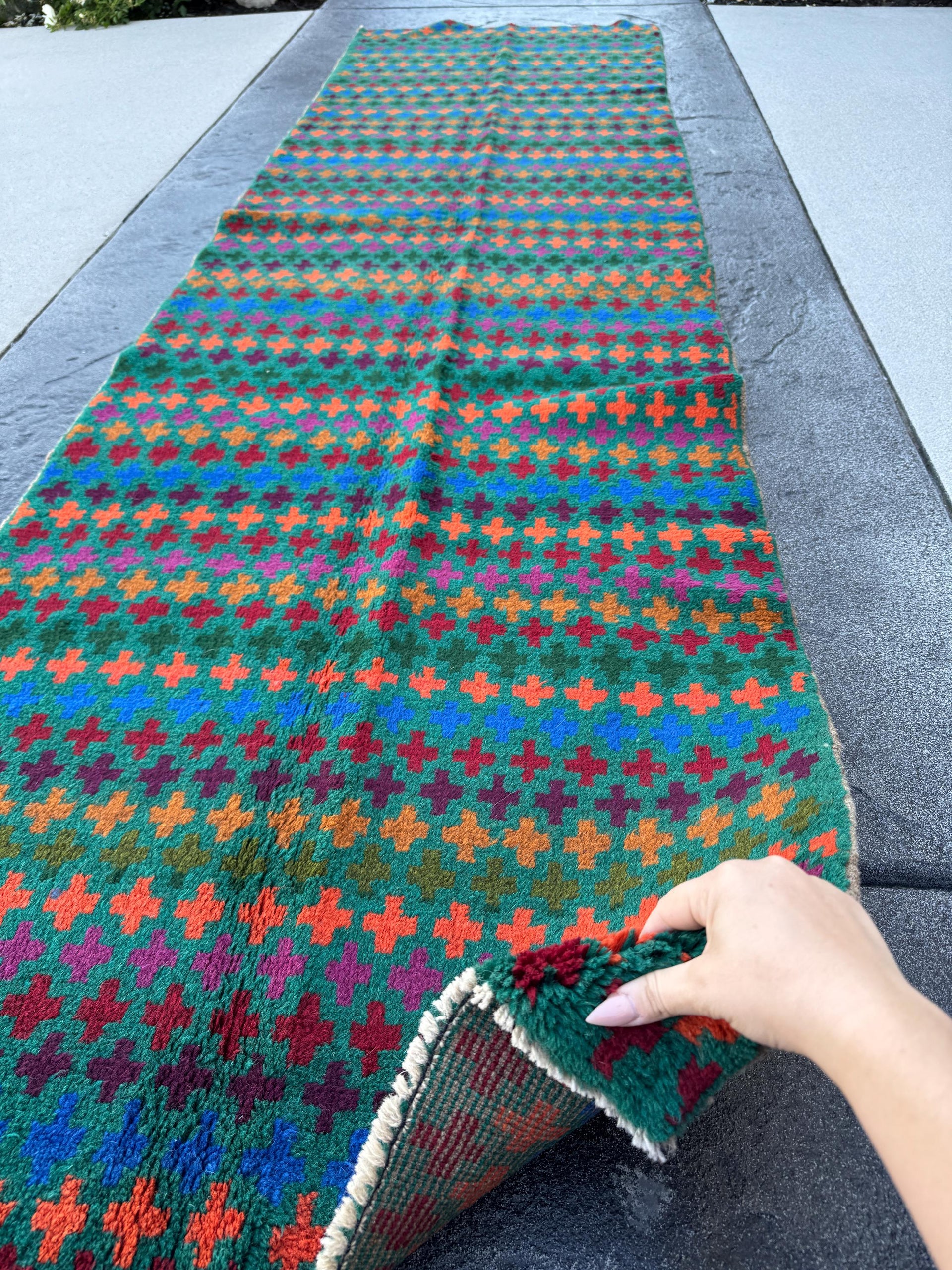 3x10 Handmade Vintage Afghan Baluch Runner Rug | Forest Olive Green Eggplant Purple Magenta Burnt Orange Brick Red Copper Brown Navy Blue