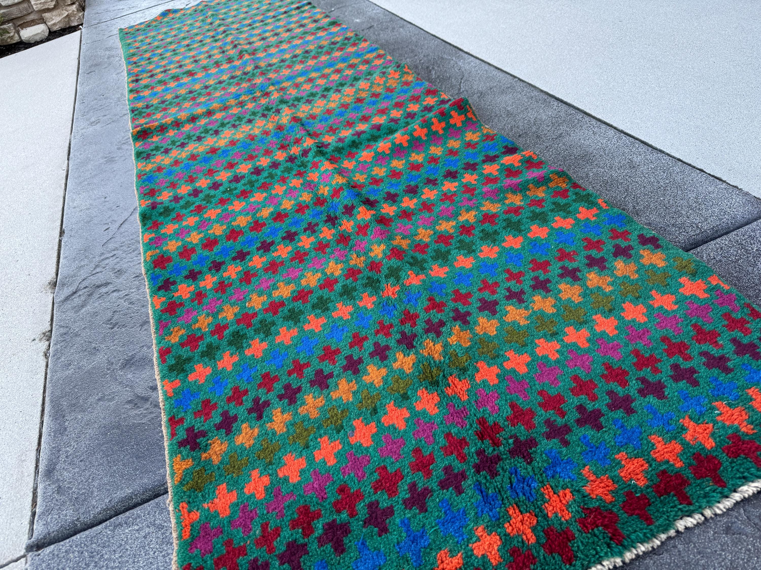 3x10 Handmade Vintage Afghan Baluch Runner Rug | Forest Olive Green Eggplant Purple Magenta Burnt Orange Brick Red Copper Brown Navy Blue
