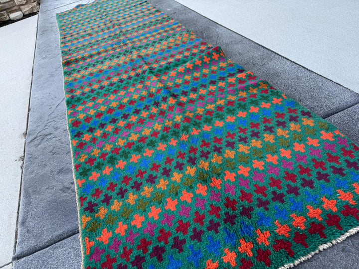 3x10 Handmade Vintage Afghan Baluch Runner Rug | Forest Olive Green Eggplant Purple Magenta Burnt Orange Brick Red Copper Brown Navy Blue