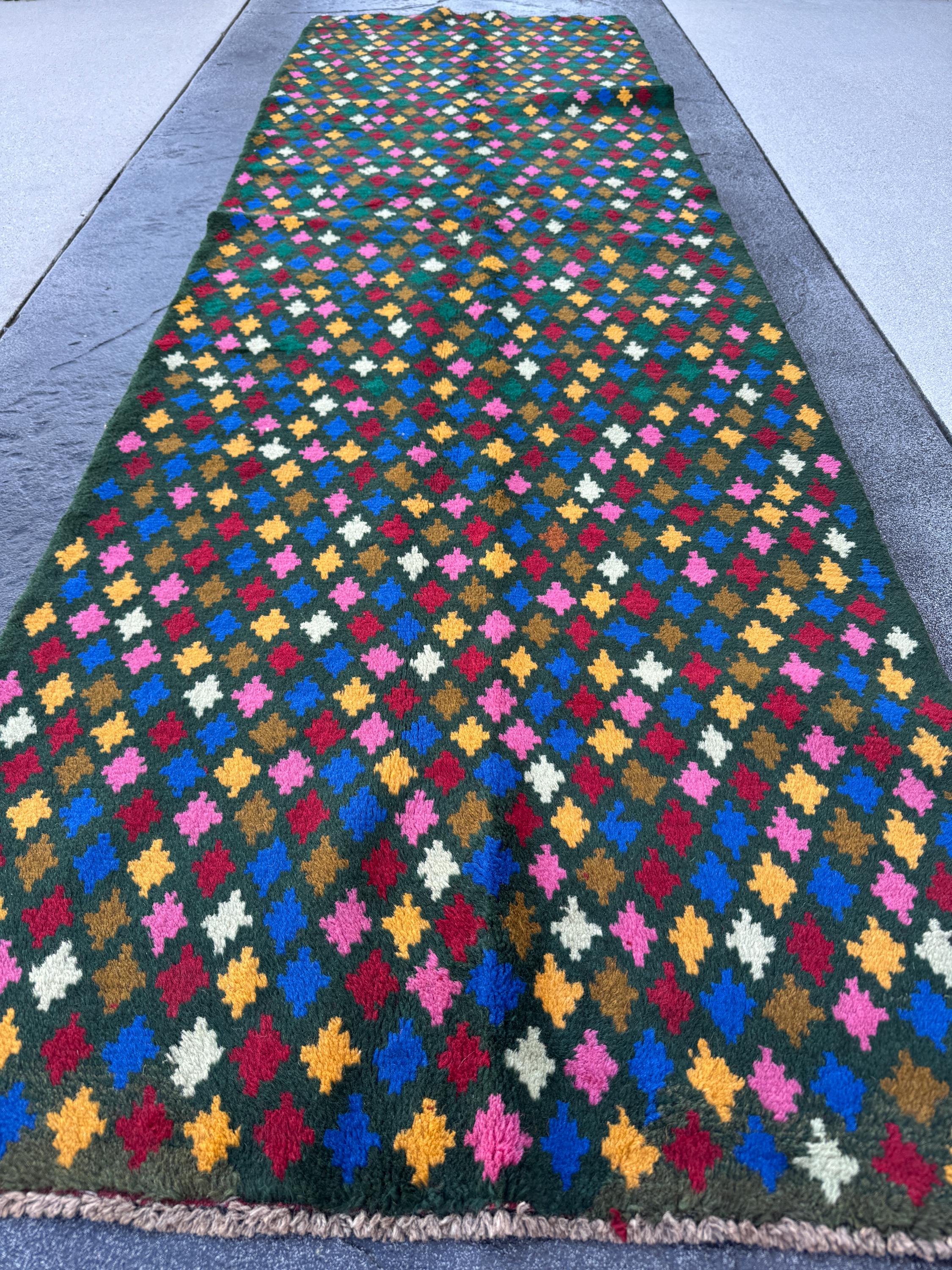3x10 Handmade Vintage Afghan Baluch Runner Rug | Forest Olive Green Rose Pink Copper Brown Mustard Brick Red Cream White Navy Blue | Wool