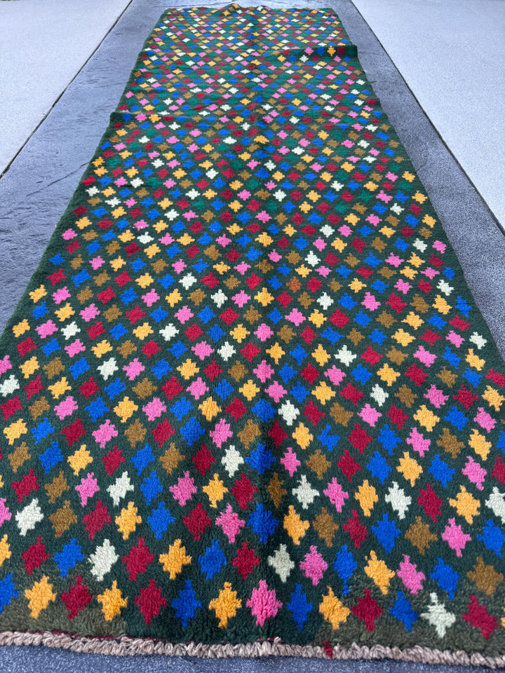 3x10 Handmade Vintage Afghan Baluch Runner Rug | Forest Olive Green Rose Pink Copper Brown Mustard Brick Red Cream White Navy Blue | Wool