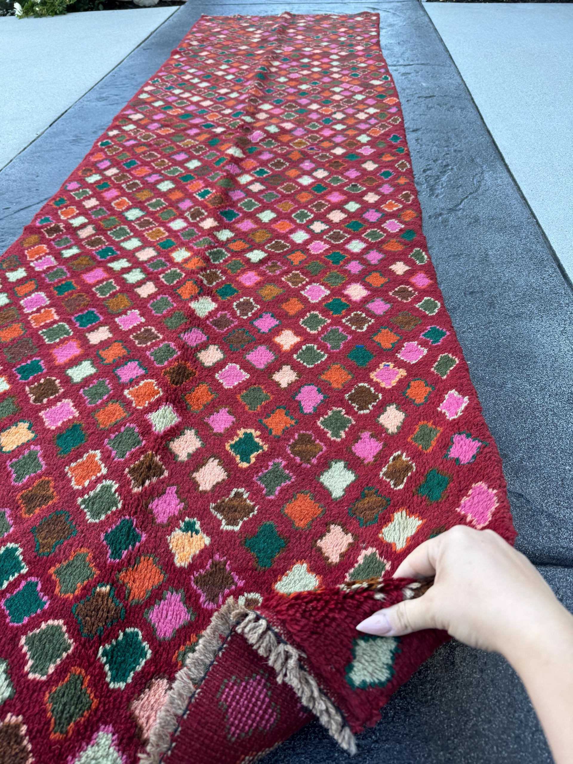 3x10 Handmade Vintage Afghan Baluch Runner Rug | Brick Red Rose Pink Burnt Orange Forest Pine Mint Green Chocolate Copper Brown Peach | Wool