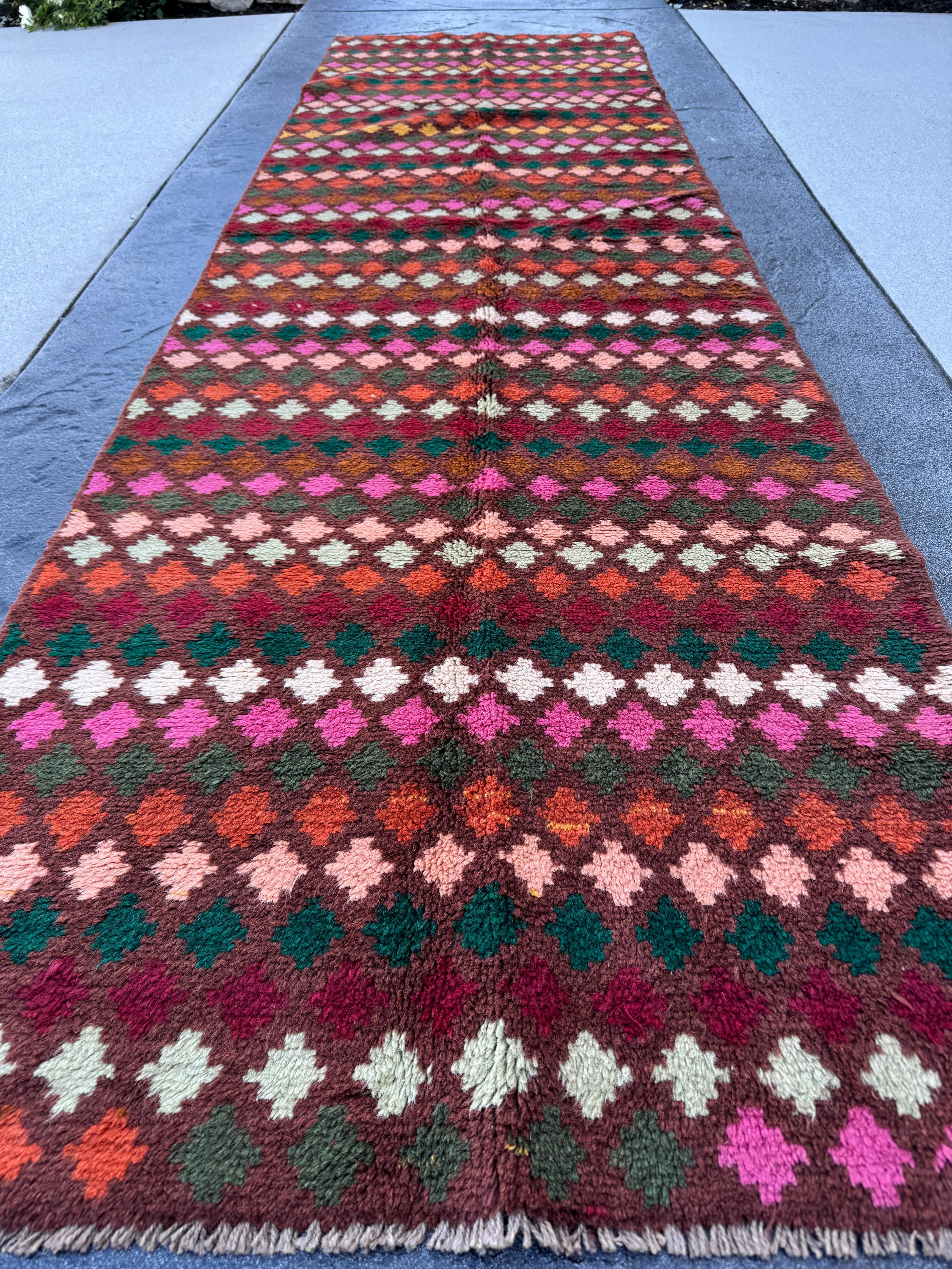 3x10 Handmade Vintage Afghan Baluch Runner Rug | Chocolate Copper Brown Rose Pink Peach Forest Pine Moss Green Brick Red White Burnt Orange