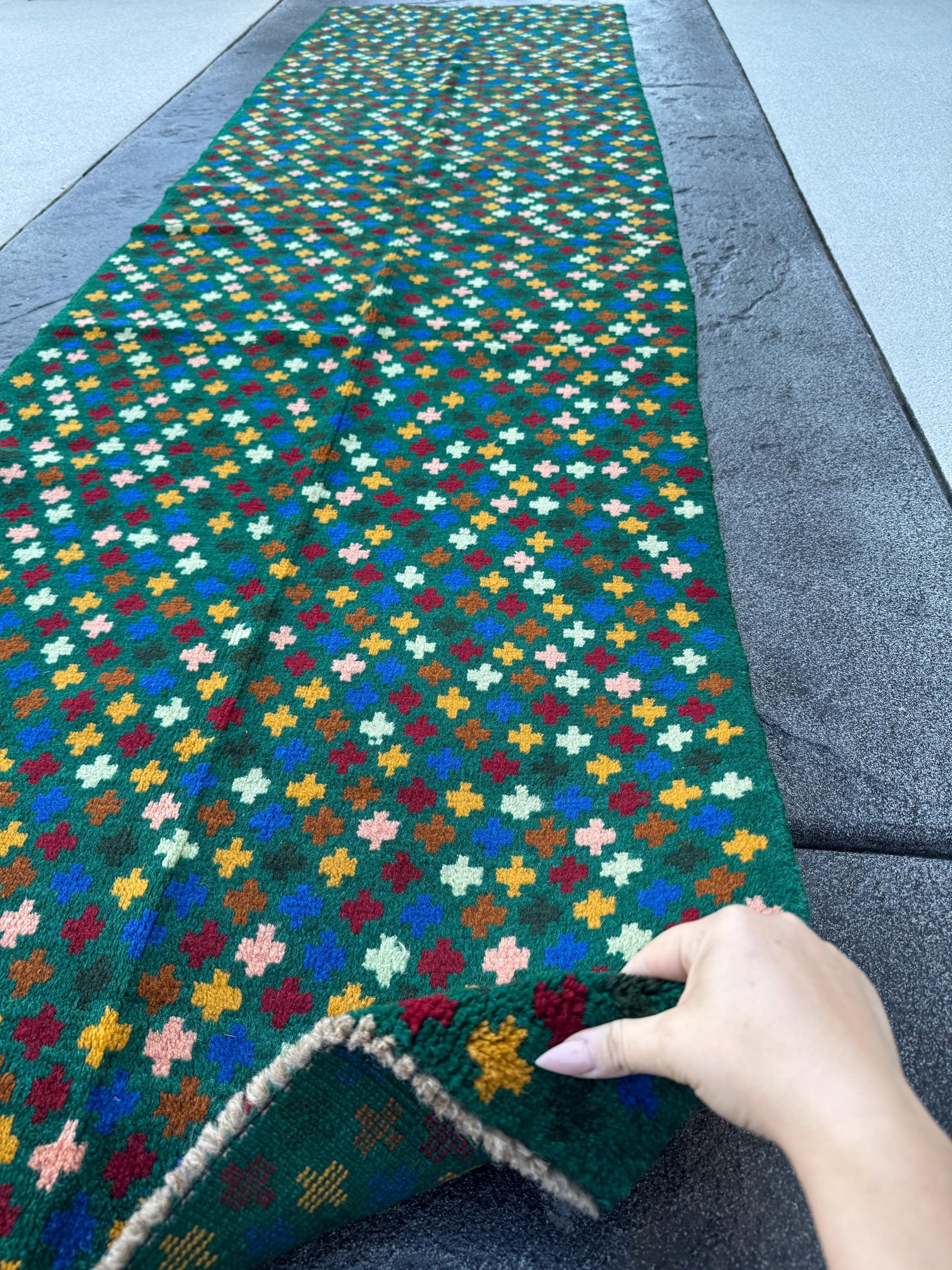 3x10 Handmade Vintage Afghan Baluch Runner Rug | Forest Mint Pine Green Copper Brown Mustard Gold Navy Blue Brick Red Peach | Wool Flatwoven