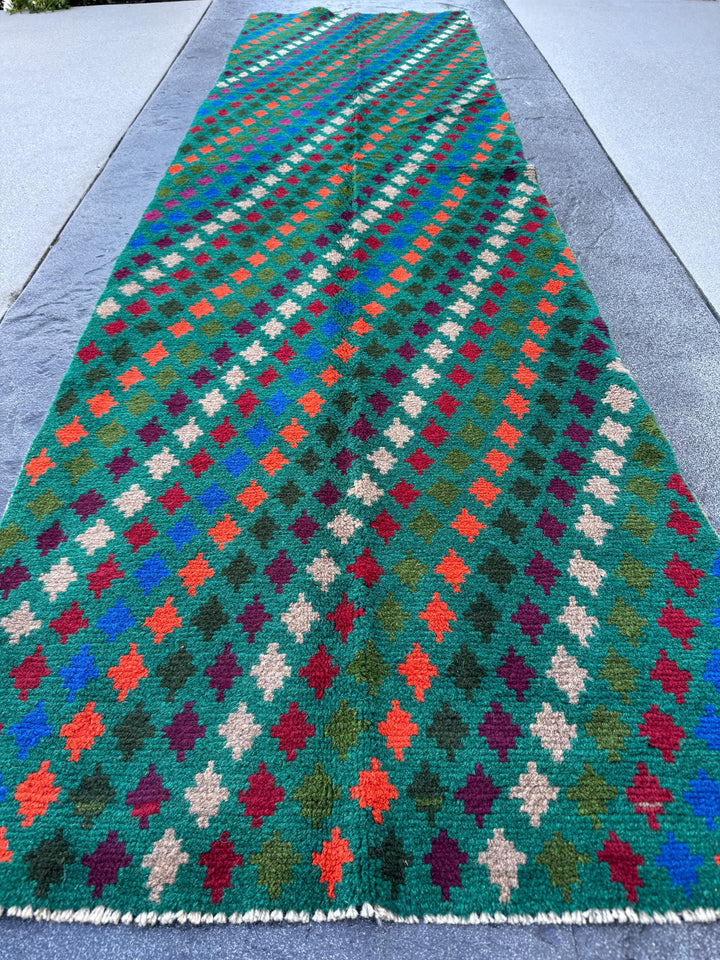 3x10 Handmade Vintage Afghan Baluch Runner Rug | Forest Pine Olive Green Brick Red Eggplant Purple Burnt Orange Navy Blue Grey Tan | Wool