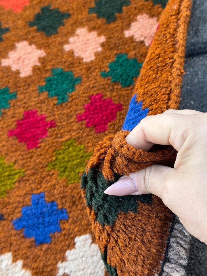 3x10 Handmade Vintage Afghan Baluch Runner Rug | Copper Brown Brick Red Forest Olive Pine Green White Burnt Orange Navy Blue Peach | Wool