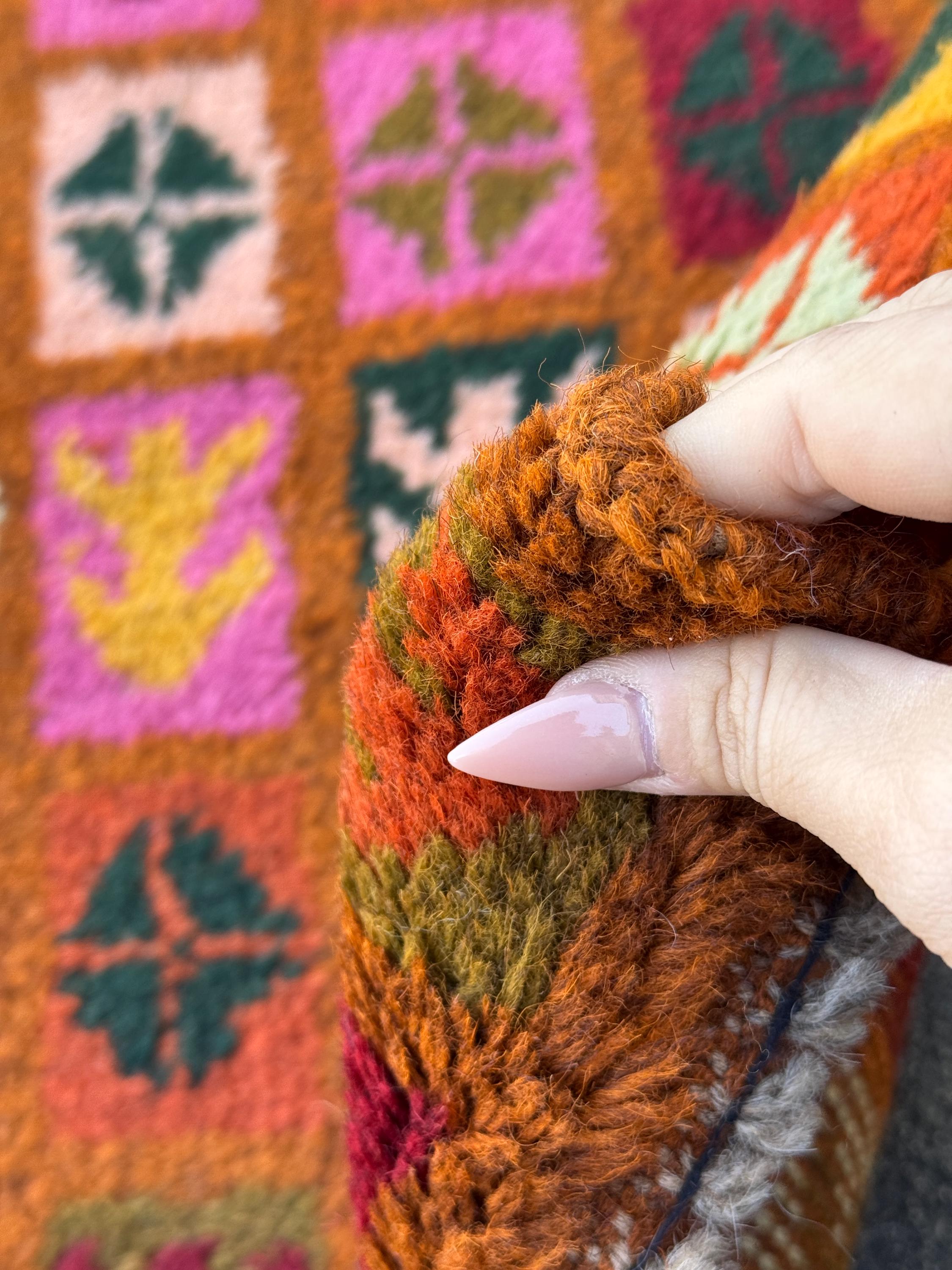 3x9 Handmade Vintage Afghan Baluch Runner Rug | Copper Brown Rose Pink Peach Burnt Orange Pine Olive Green Mustard Brick Red White | Wool