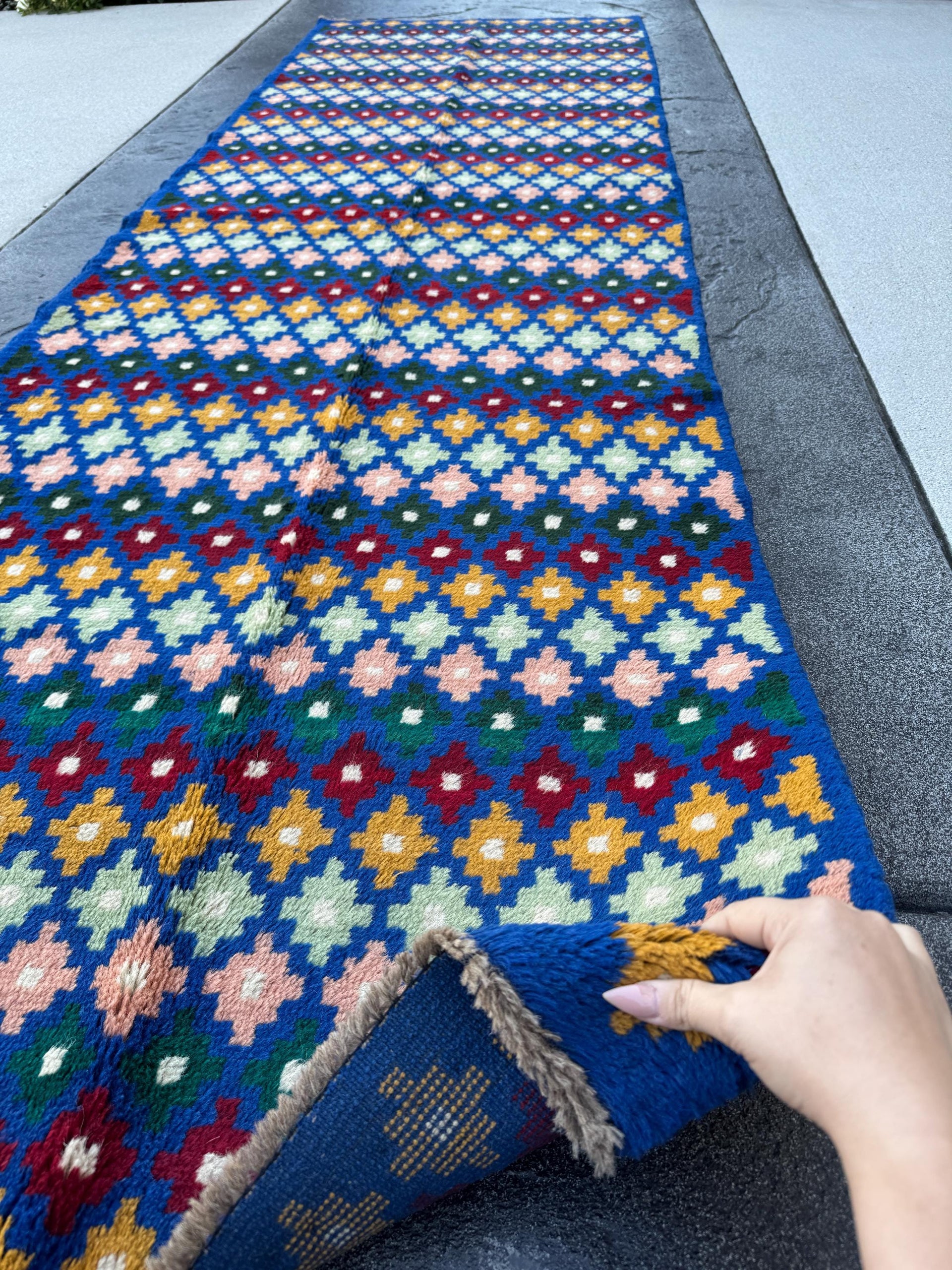3x10 Handmade Vintage Afghan Baluch Runner Rug | Navy Blue Pine Mint Green Brick Red Mustard Gold White Cream Peach | Wool Flatwoven