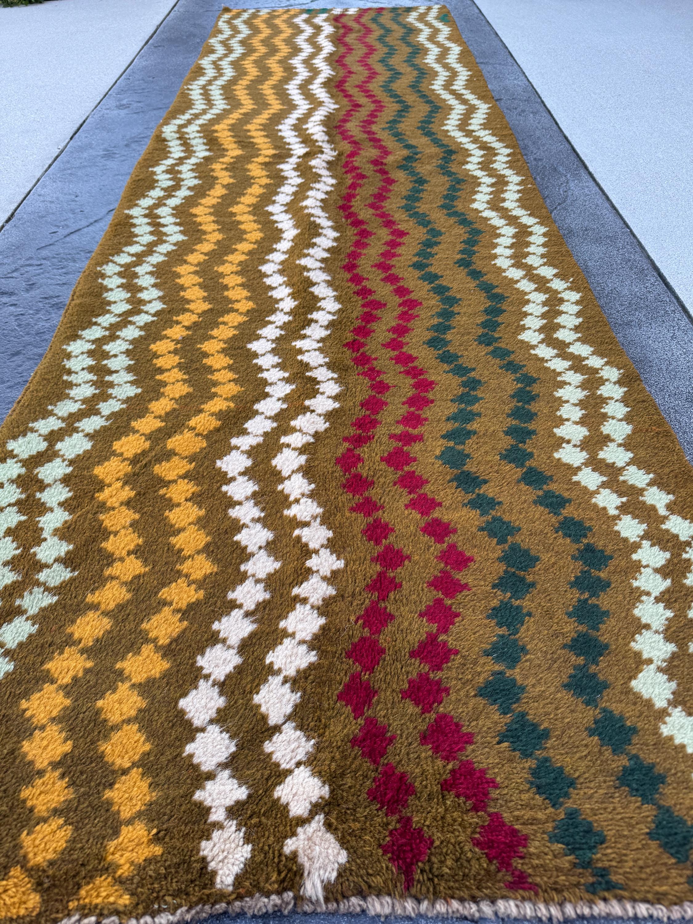 3x10 Handmade Vintage Afghan Baluch Runner Rug | Olive Pine Mint Green White Mustard Yellow Gold Brick Red | Wool Flatwoven