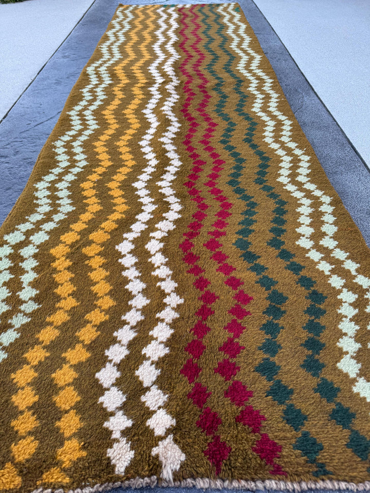3x10 Handmade Vintage Afghan Baluch Runner Rug | Olive Pine Mint Green White Mustard Yellow Gold Brick Red | Wool Flatwoven