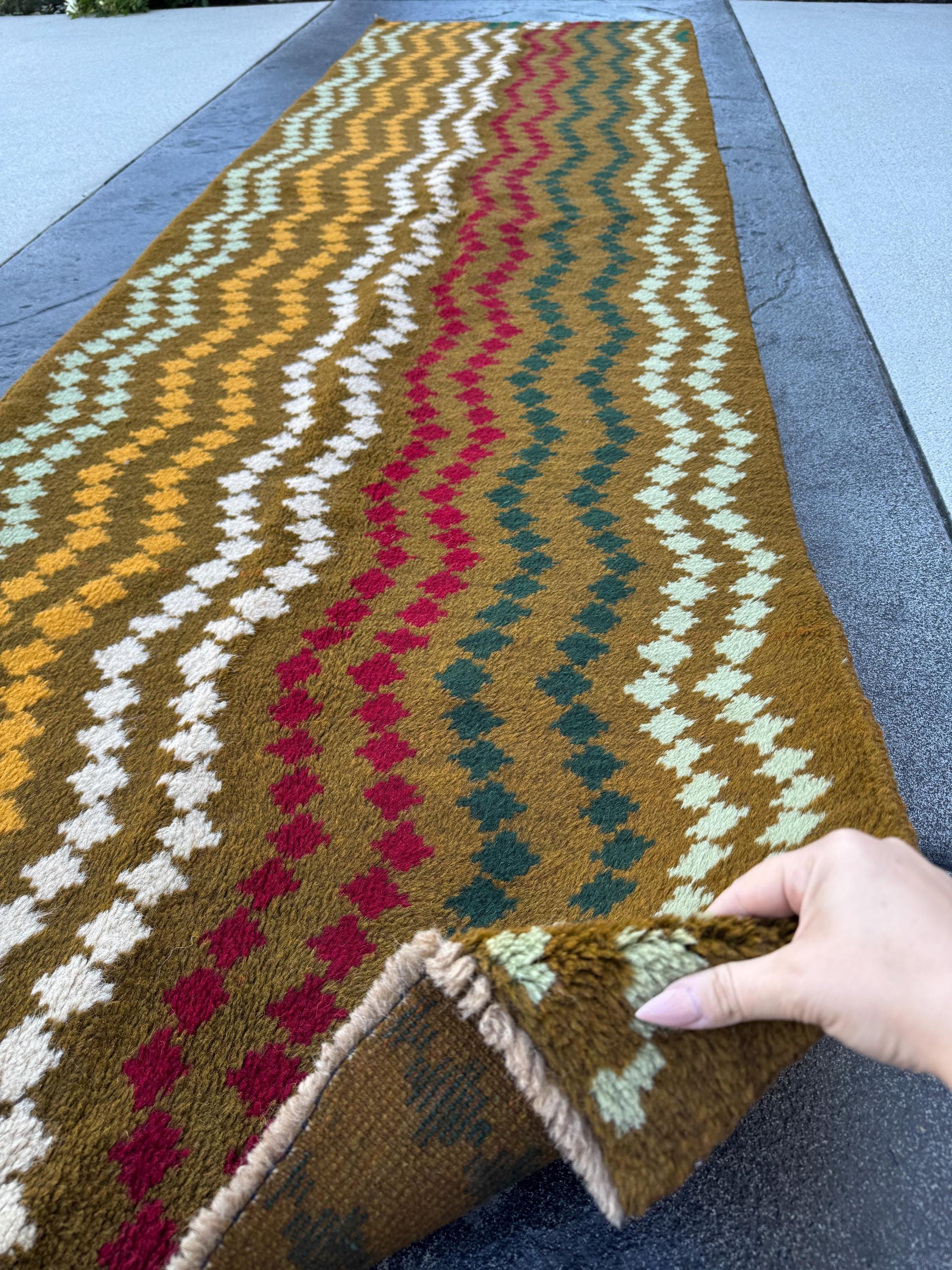 3x10 Handmade Vintage Afghan Baluch Runner Rug | Olive Pine Mint Green White Mustard Yellow Gold Brick Red | Wool Flatwoven