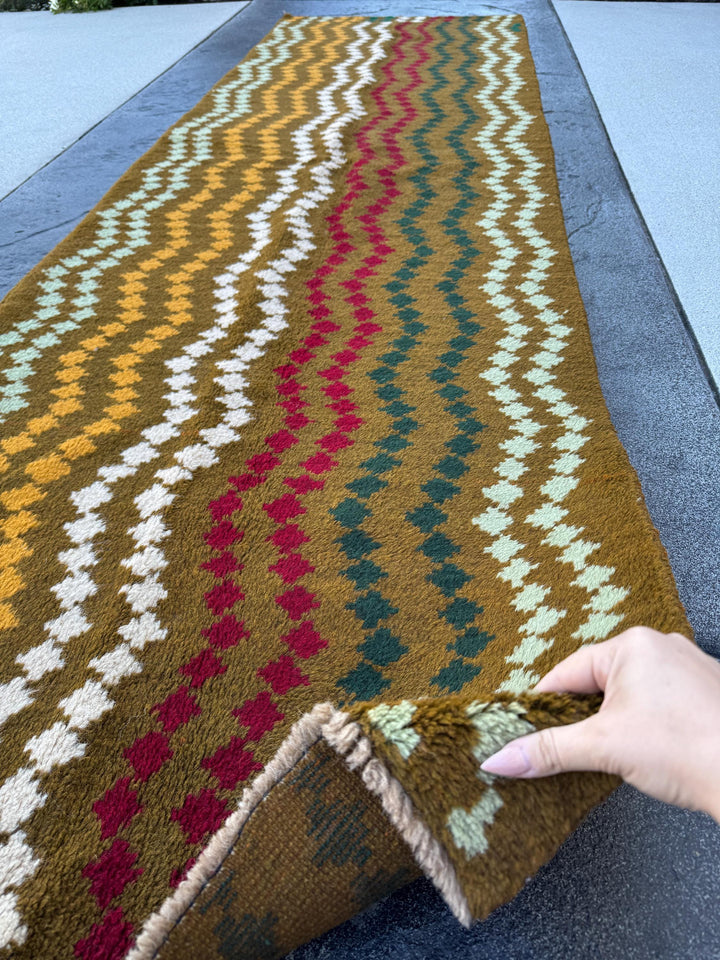 3x10 Handmade Vintage Afghan Baluch Runner Rug | Olive Pine Mint Green White Mustard Yellow Gold Brick Red | Wool Flatwoven