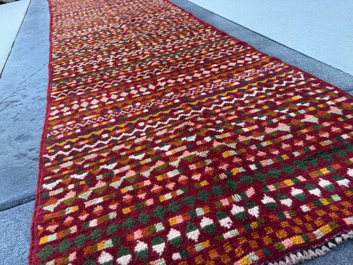 3x11 Handmade Vintage Afghan Baluch Runner Rug | Brick Red Mint Olive Pine Green Cream White Peach Burnt Orange Mustard Yellow Copper Brown