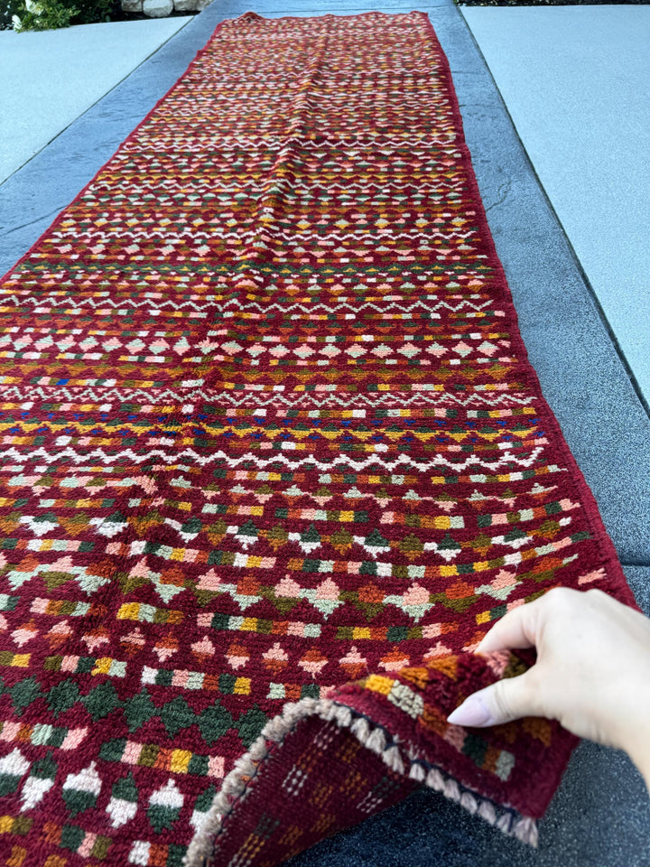 3x11 Handmade Vintage Afghan Baluch Runner Rug | Brick Red Mint Olive Pine Green Cream White Peach Burnt Orange Mustard Yellow Copper Brown
