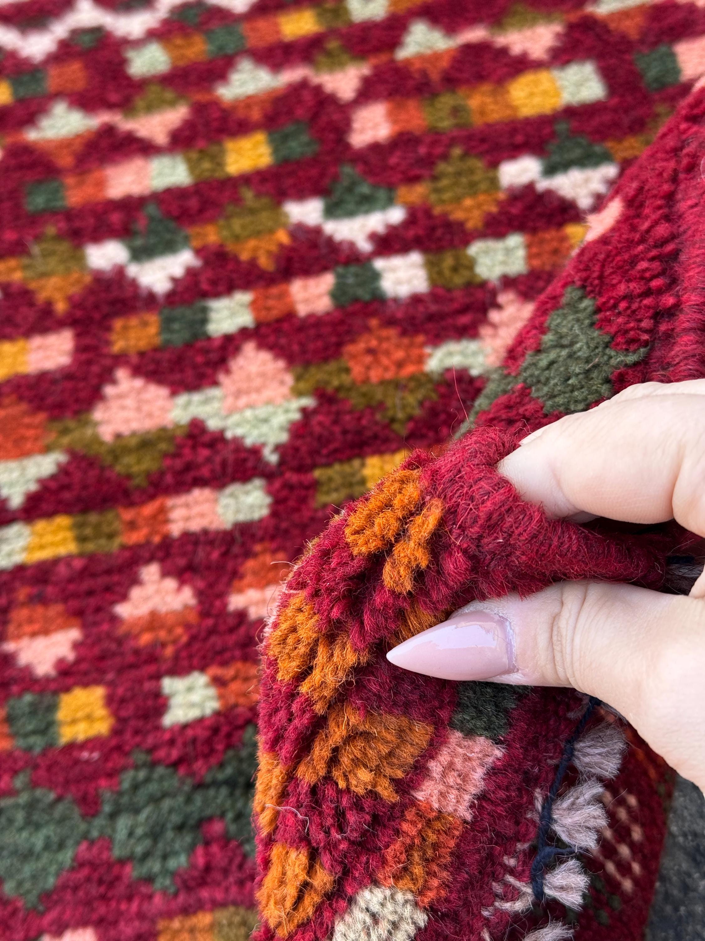 3x11 Handmade Vintage Afghan Baluch Runner Rug | Brick Red Mint Olive Pine Green Cream White Peach Burnt Orange Mustard Yellow Copper Brown