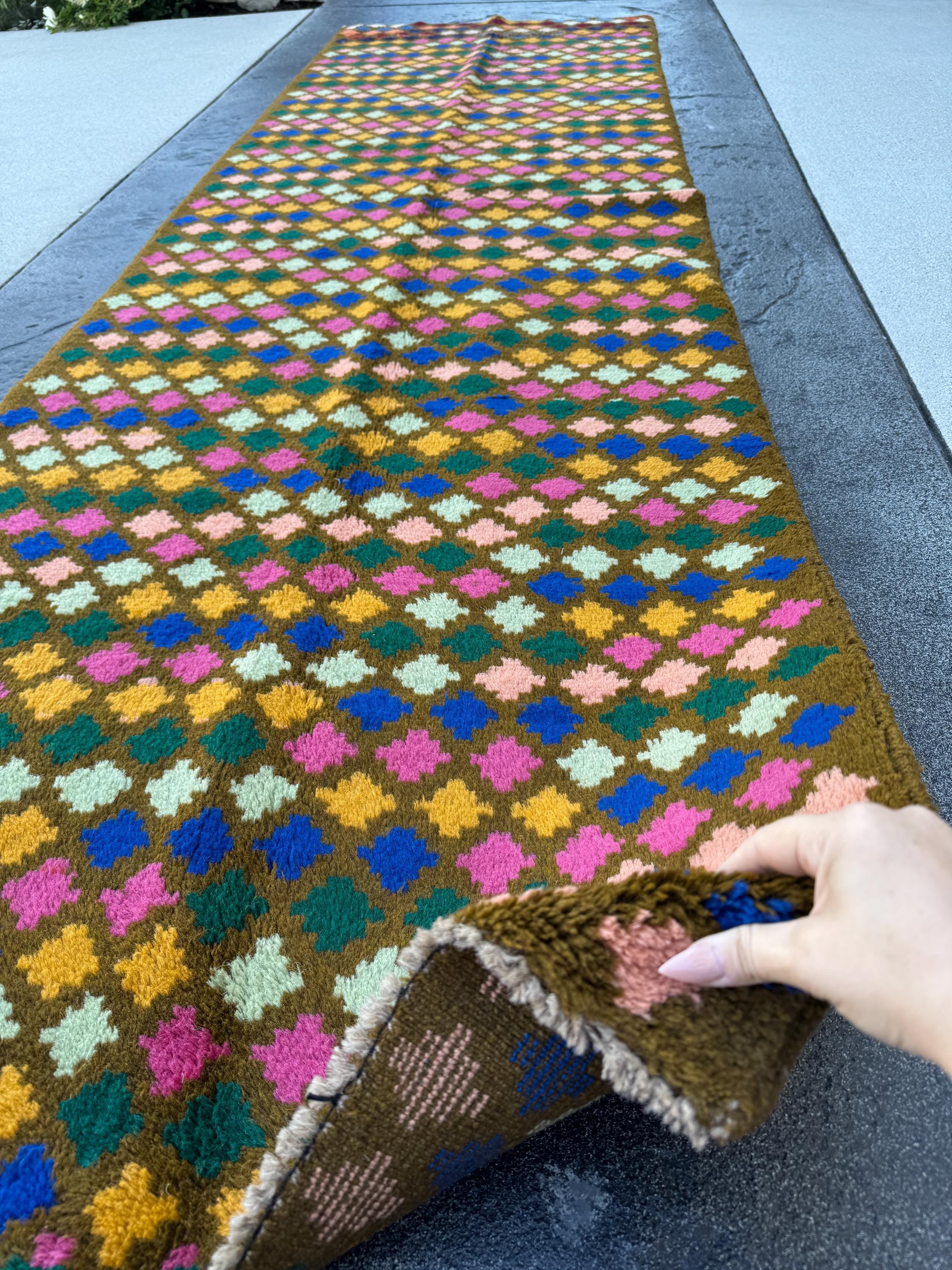 3x10 Handmade Vintage Afghan Baluch Runner Rug | Olive Mint Forest Green Navy Blue Rose Pink Peach Mustard Yellow Gold | Wool Flatwoven
