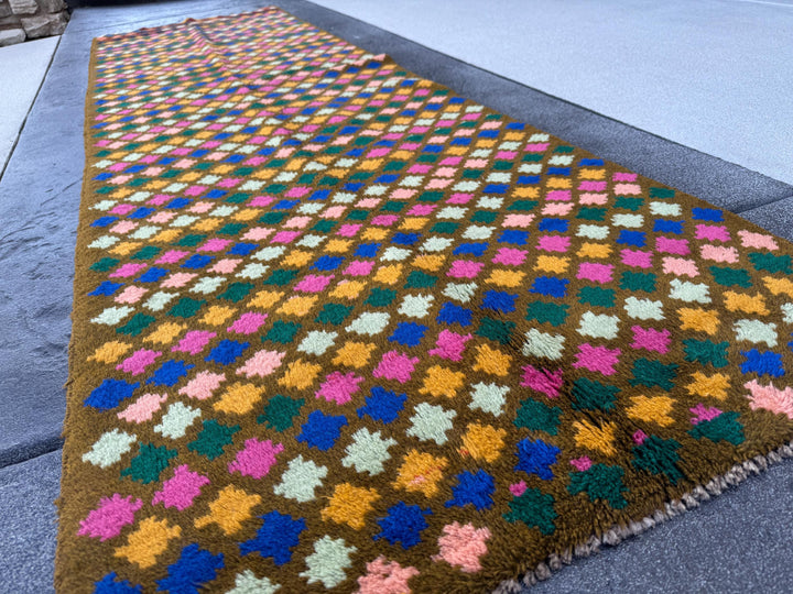 3x10 Handmade Vintage Afghan Baluch Runner Rug | Olive Mint Forest Green Navy Blue Rose Pink Peach Mustard Yellow Gold | Wool Flatwoven
