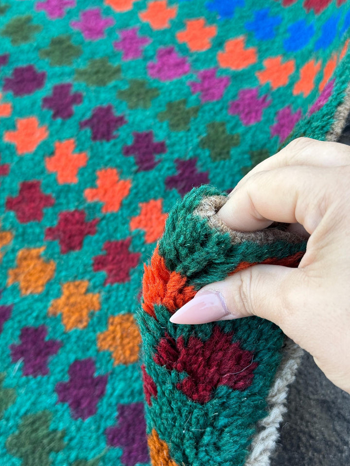 3x9 Handmade Vintage Afghan Baluch Runner Rug | Forest Pine Olive Green Burnt Orange Copper Brown Eggplant Purple Magenta Brick Red | Wool