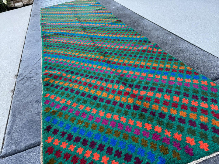 3x9 Handmade Vintage Afghan Baluch Runner Rug | Forest Pine Olive Green Burnt Orange Copper Brown Eggplant Purple Magenta Brick Red | Wool