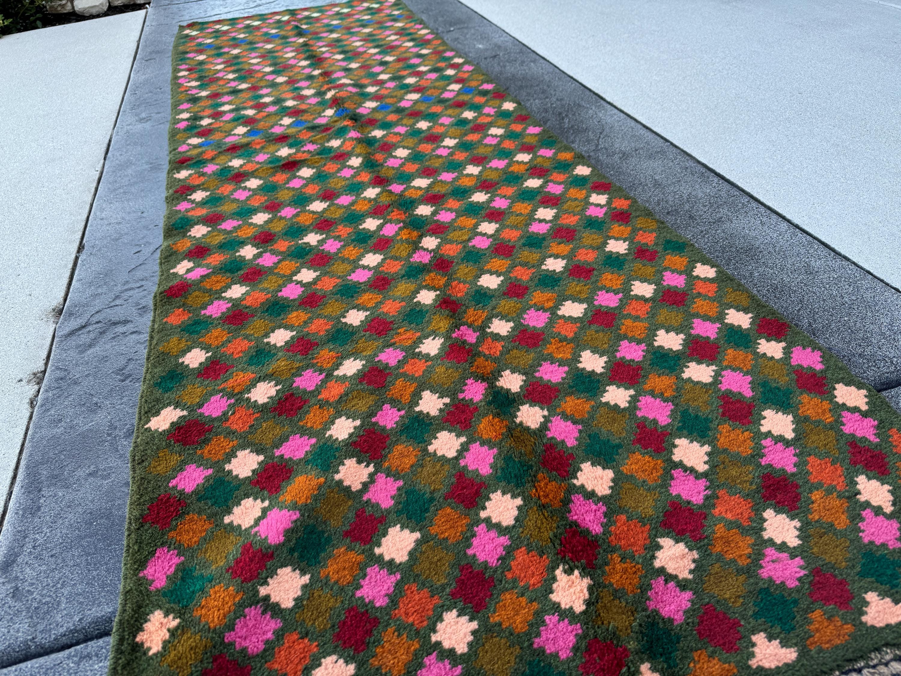 3x9 Handmade Vintage Afghan Baluch Runner Rug | Pine Forest Olive Green Copper Brown Rose Pink Peach Brick Red Navy Blue Burnt Orange | Wool
