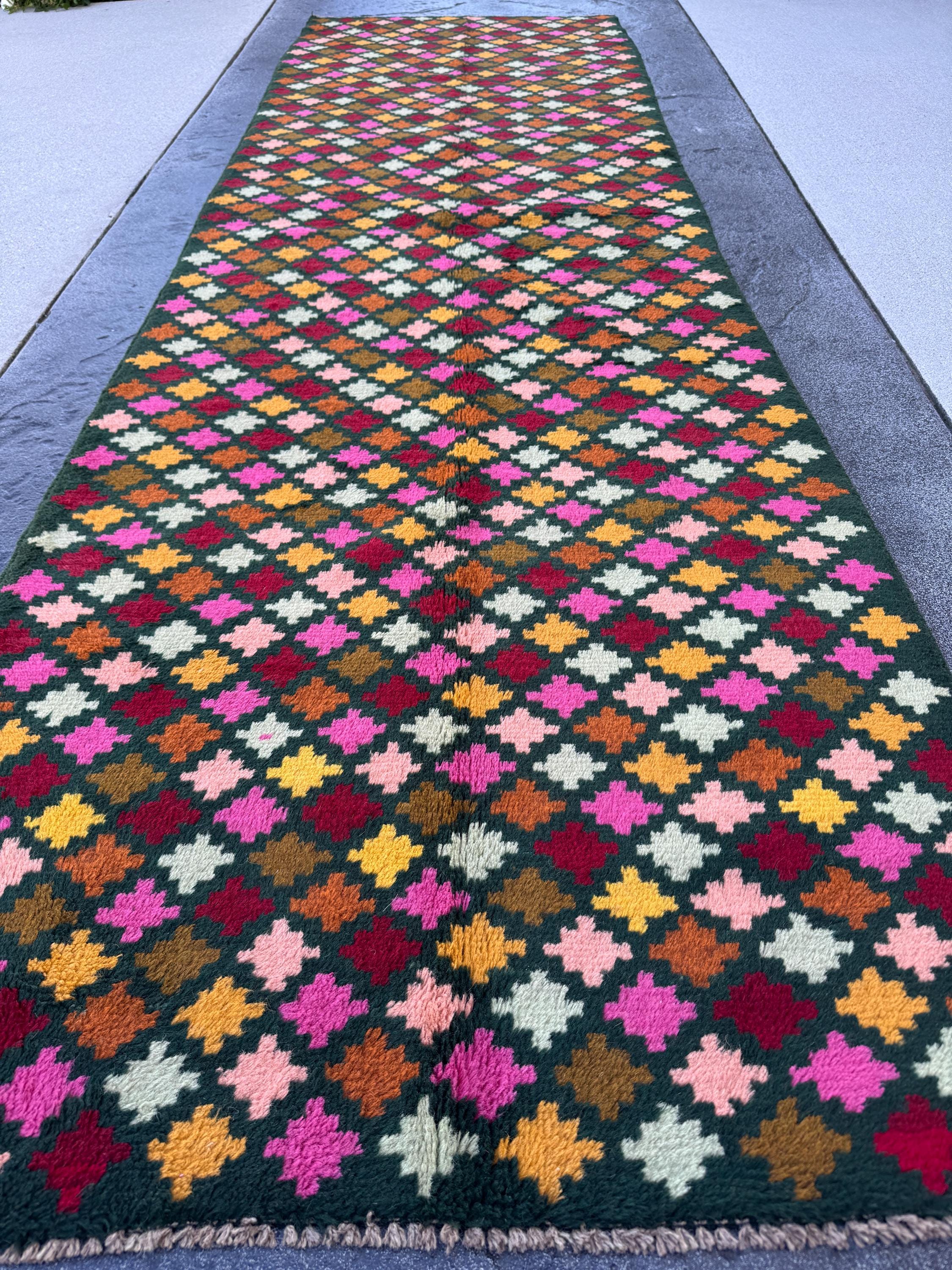 3x10 Handmade Vintage Afghan Baluch Runner Rug | Pine Mint Olive Green Brick Red Coopper Brown Rose Pink Peach Mustard Gold | Wool Flatwoven