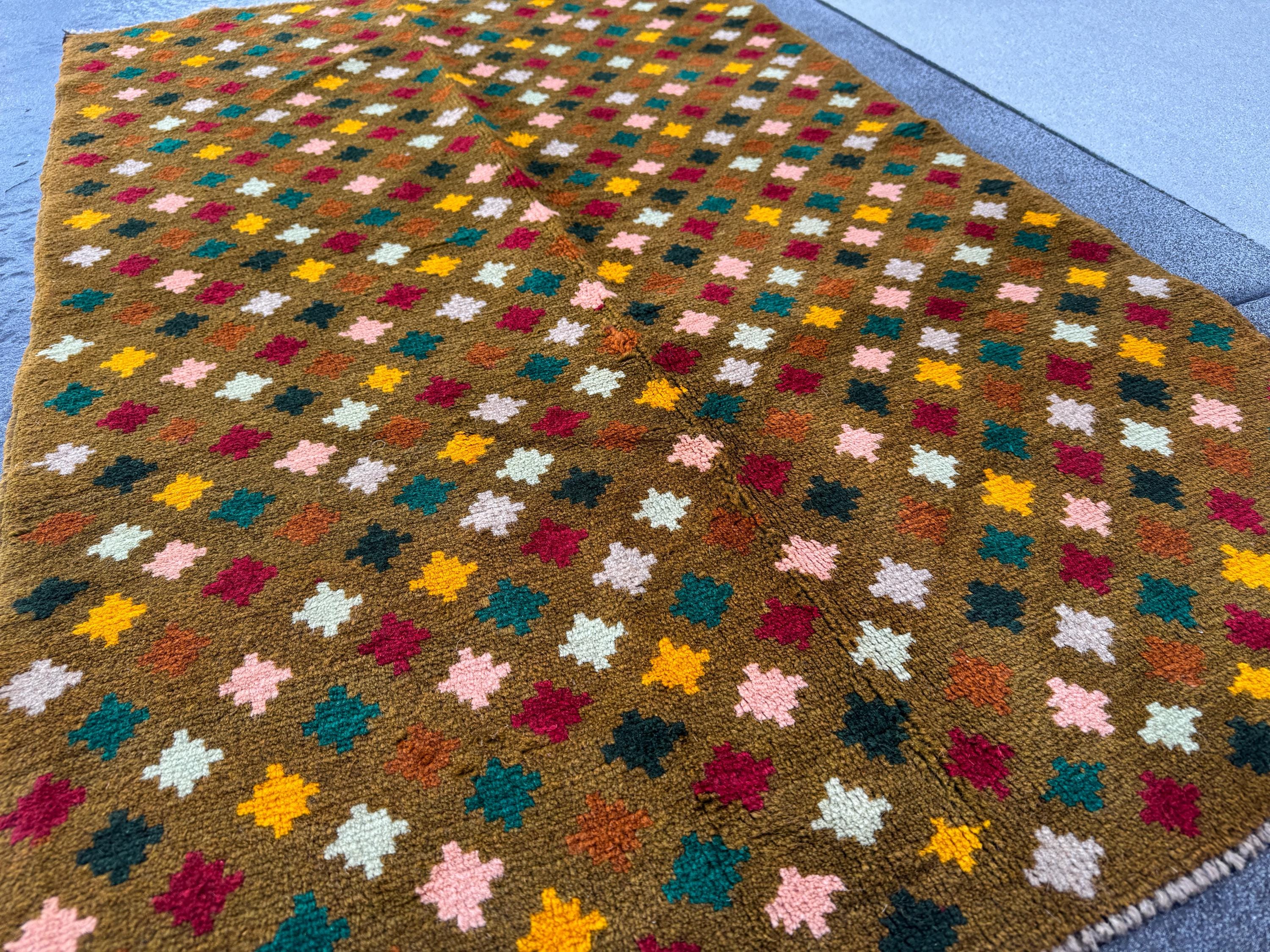 3x5 (91x152) Handmade Vintage Afghan Baluch Rug | Olive Mint Pine Forest Green Mustard Gold Yellow Light Grey Brick Red Copper Brown