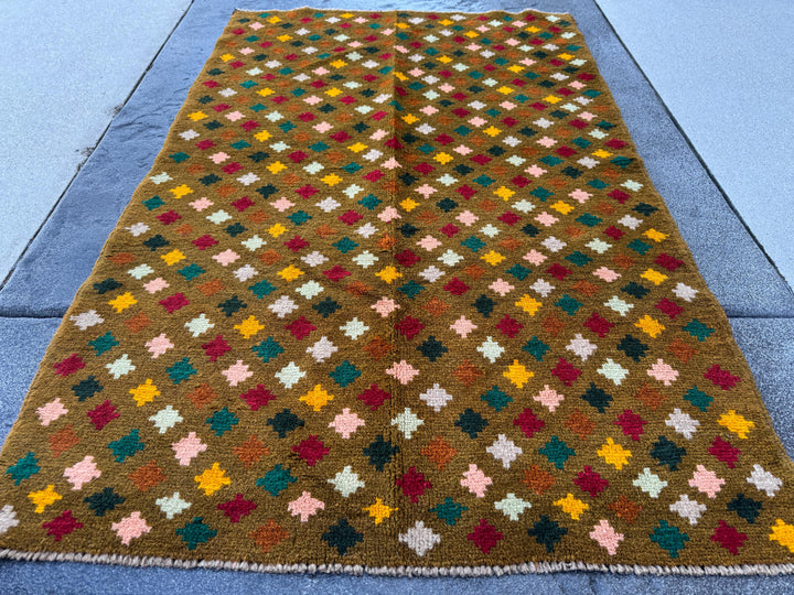 3x5 (91x152) Handmade Vintage Afghan Baluch Rug | Olive Mint Pine Forest Green Mustard Gold Yellow Light Grey Brick Red Copper Brown