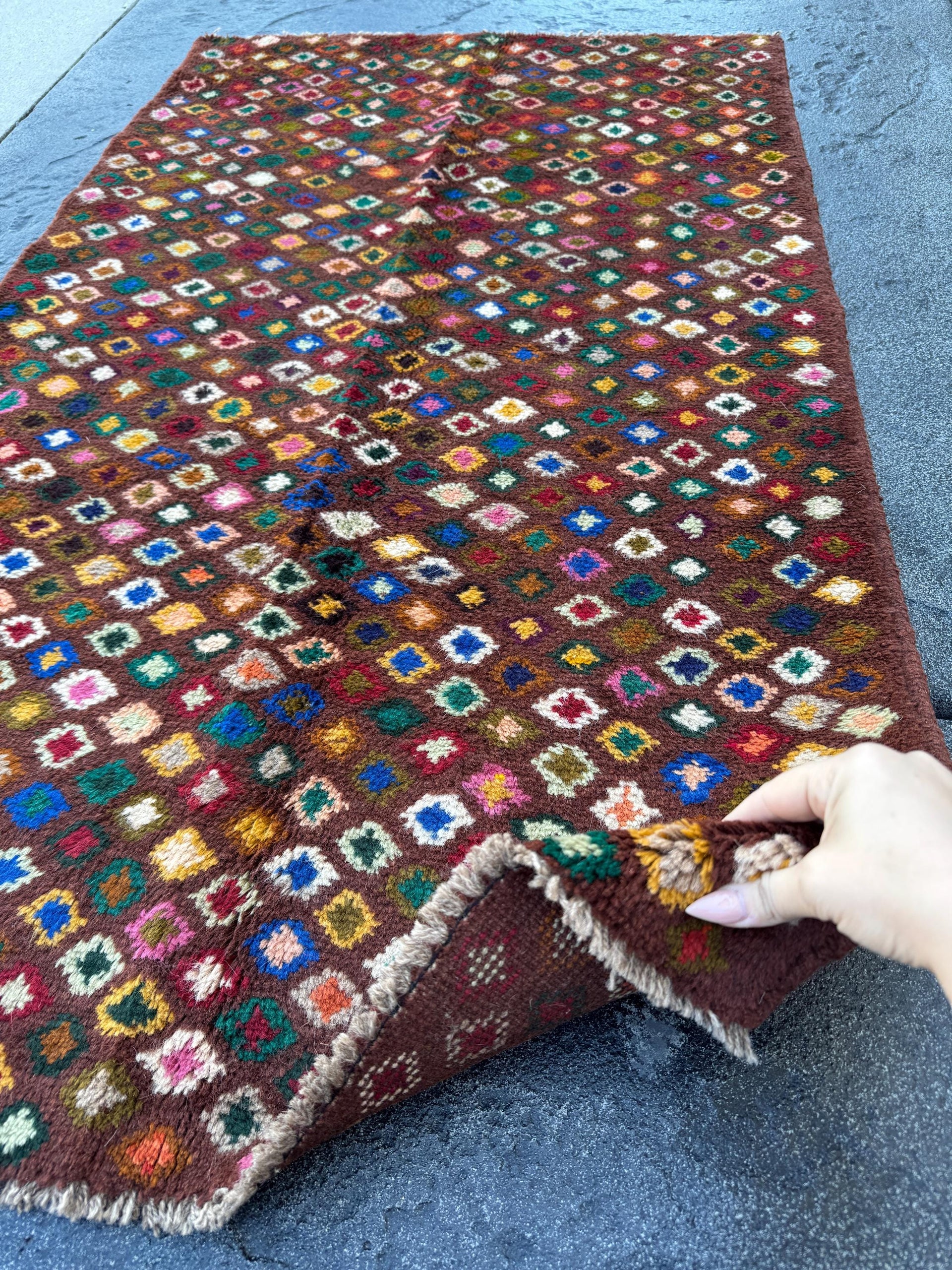 3x5 Handmade Vintage Afghan Baluch Rug | Chocolate Copper Brown Brick Red Peach Burnt Orange Forest Olive Mint Green Navy Blue White