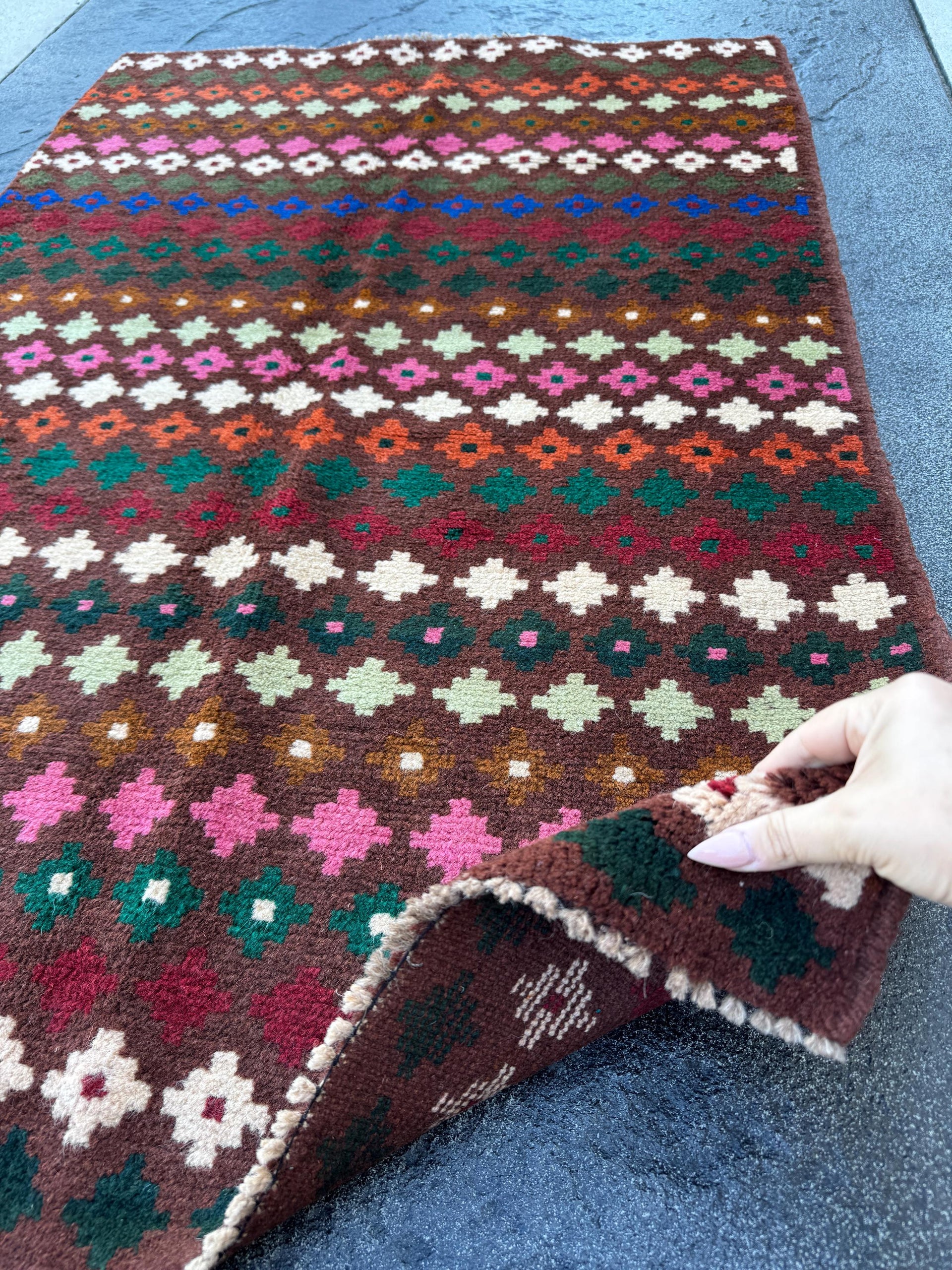 3x5 Handmade Vintage Afghan Baluch Rug | Chocolate Copper Brown Forest Mint Pine Green Brick Red Rose Pink Cream White Burnt Orange