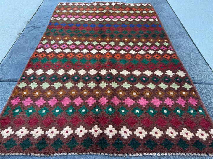 3x5 Handmade Vintage Afghan Baluch Rug | Chocolate Copper Brown Forest Mint Pine Green Brick Red Rose Pink Cream White Burnt Orange