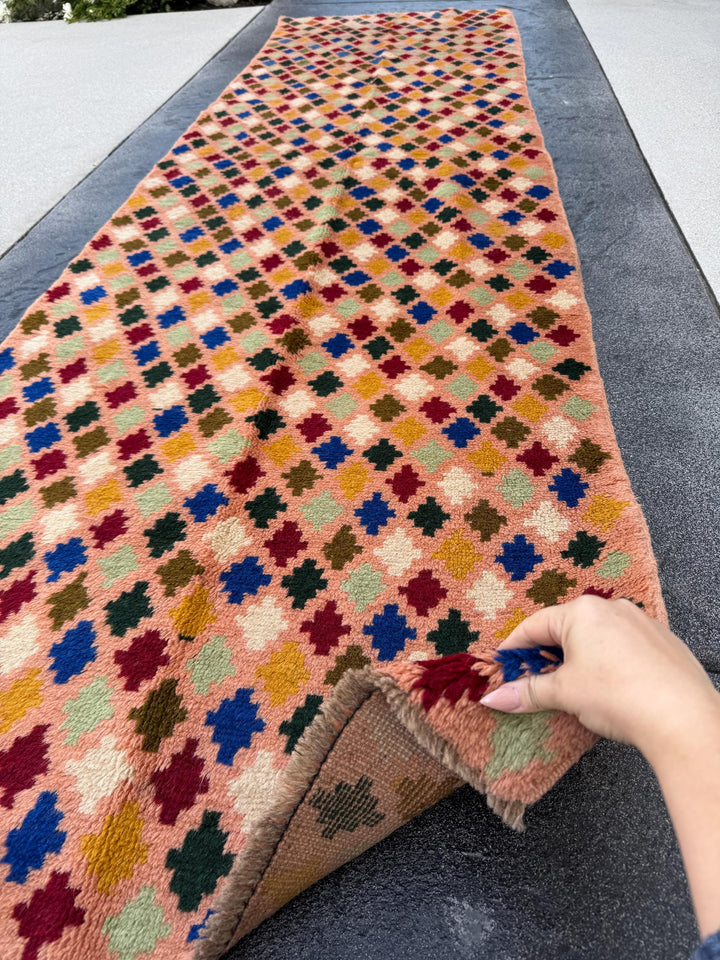 3x10 Handmade Vintage Afghan Baluch Runner Rug | Peach Olive Mint Forest Green Copper Brown Navy Blue Cream White Brick Red Mustard Yellow