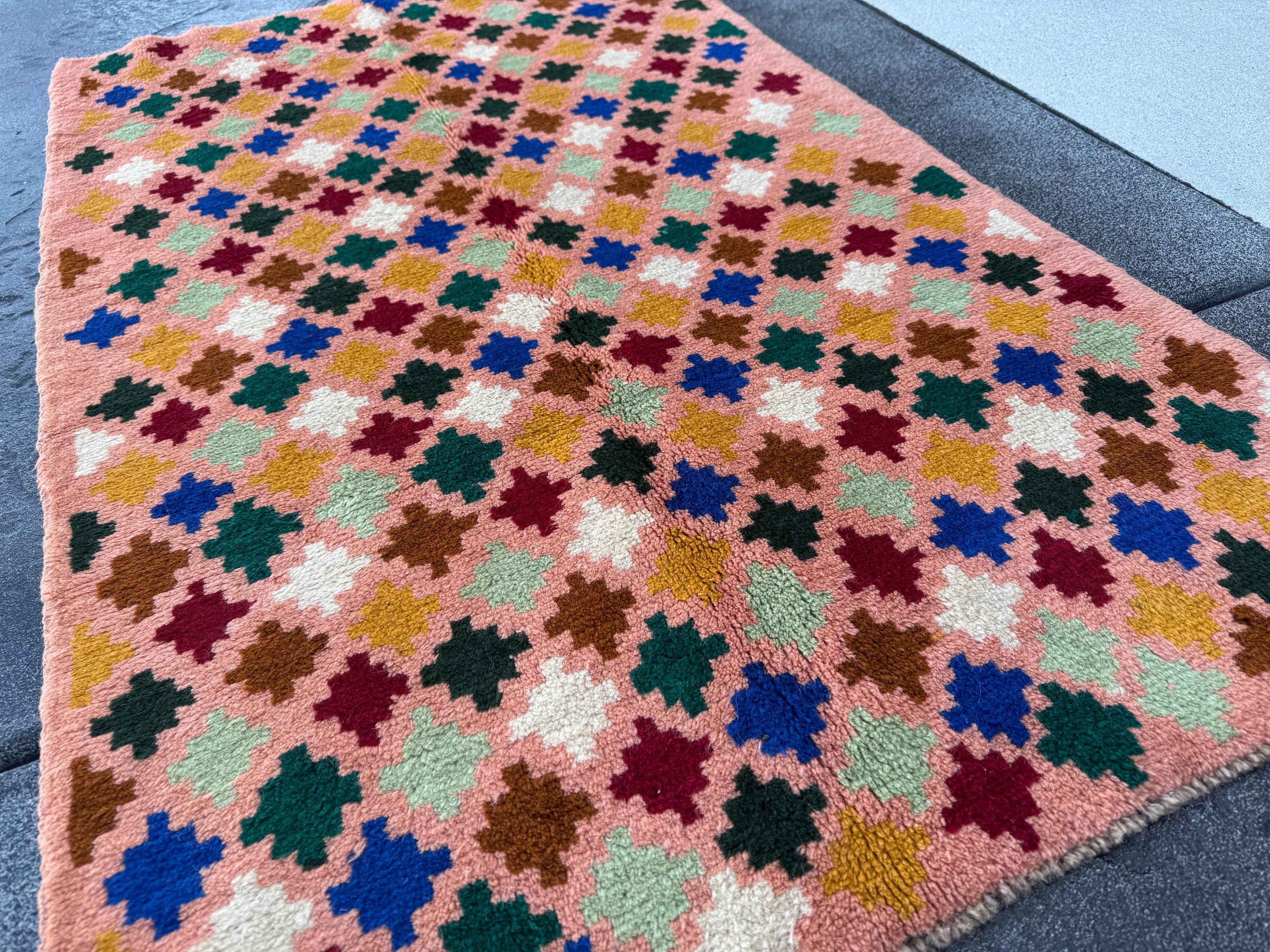 3x5 Handmade Vintage Afghan Baluch Rug | Peach Copper Brown Brick Red Forest Pine Mint Green White Navy Blue Mustard Yellow | Wool Flatwoven