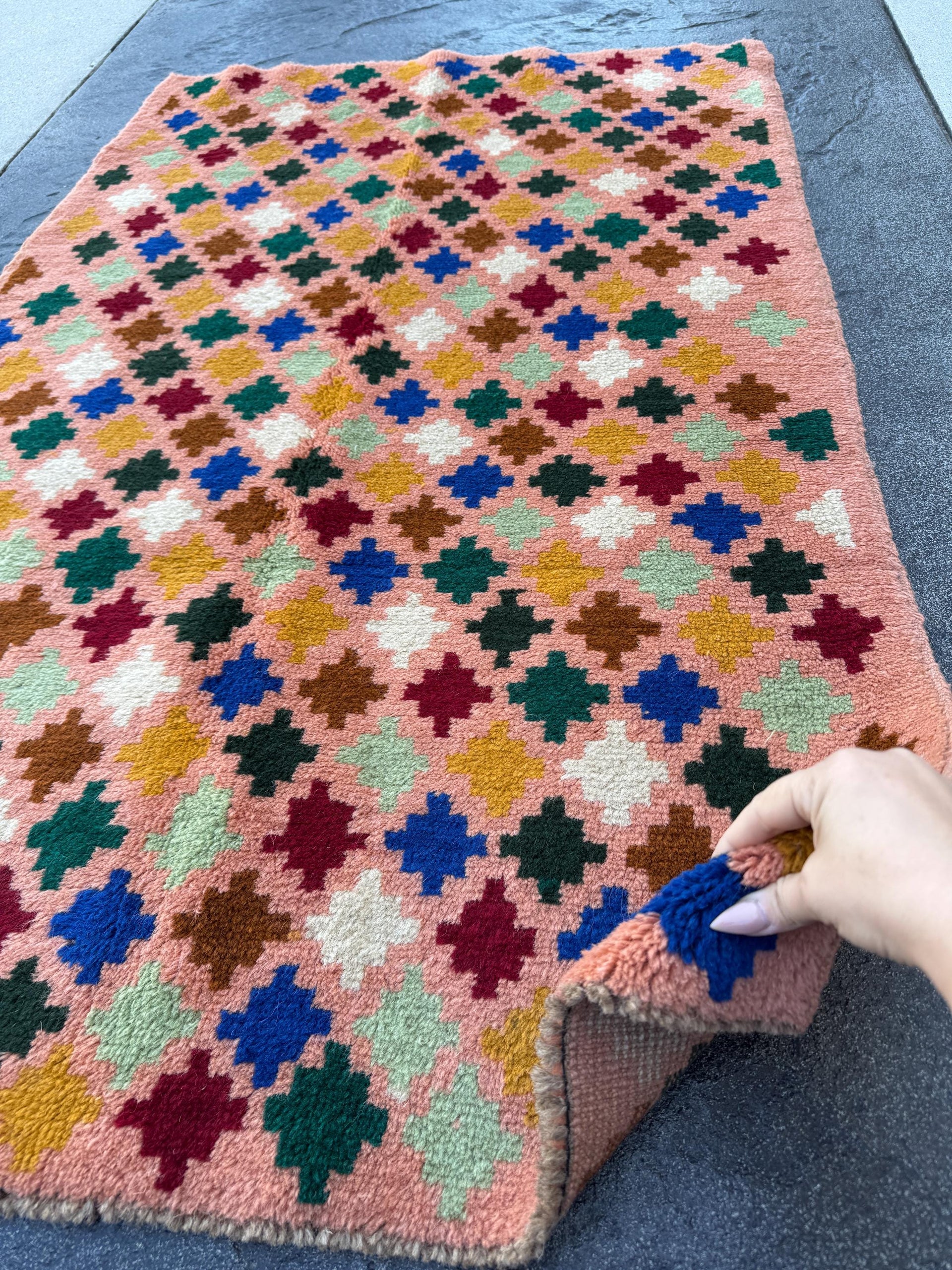 3x5 Handmade Vintage Afghan Baluch Rug | Peach Copper Brown Brick Red Forest Pine Mint Green White Navy Blue Mustard Yellow | Wool Flatwoven