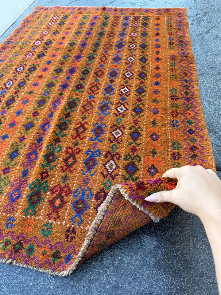 3x5 Handmade Vintage Afghan Baluch Rug | Copper Brown Forest Olive Green Navy Blue Magenta Brick Red Peach Burnt Orange | Wool Flatwoven