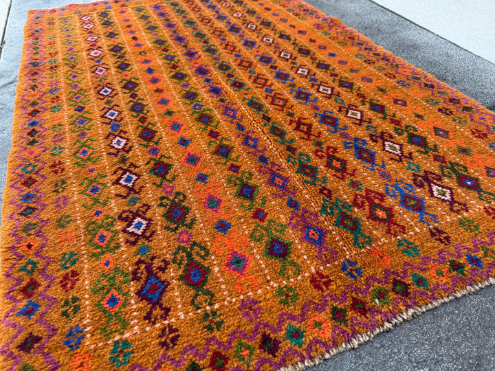 3x5 Handmade Vintage Afghan Baluch Rug | Copper Brown Forest Olive Green Navy Blue Magenta Brick Red Peach Burnt Orange | Wool Flatwoven