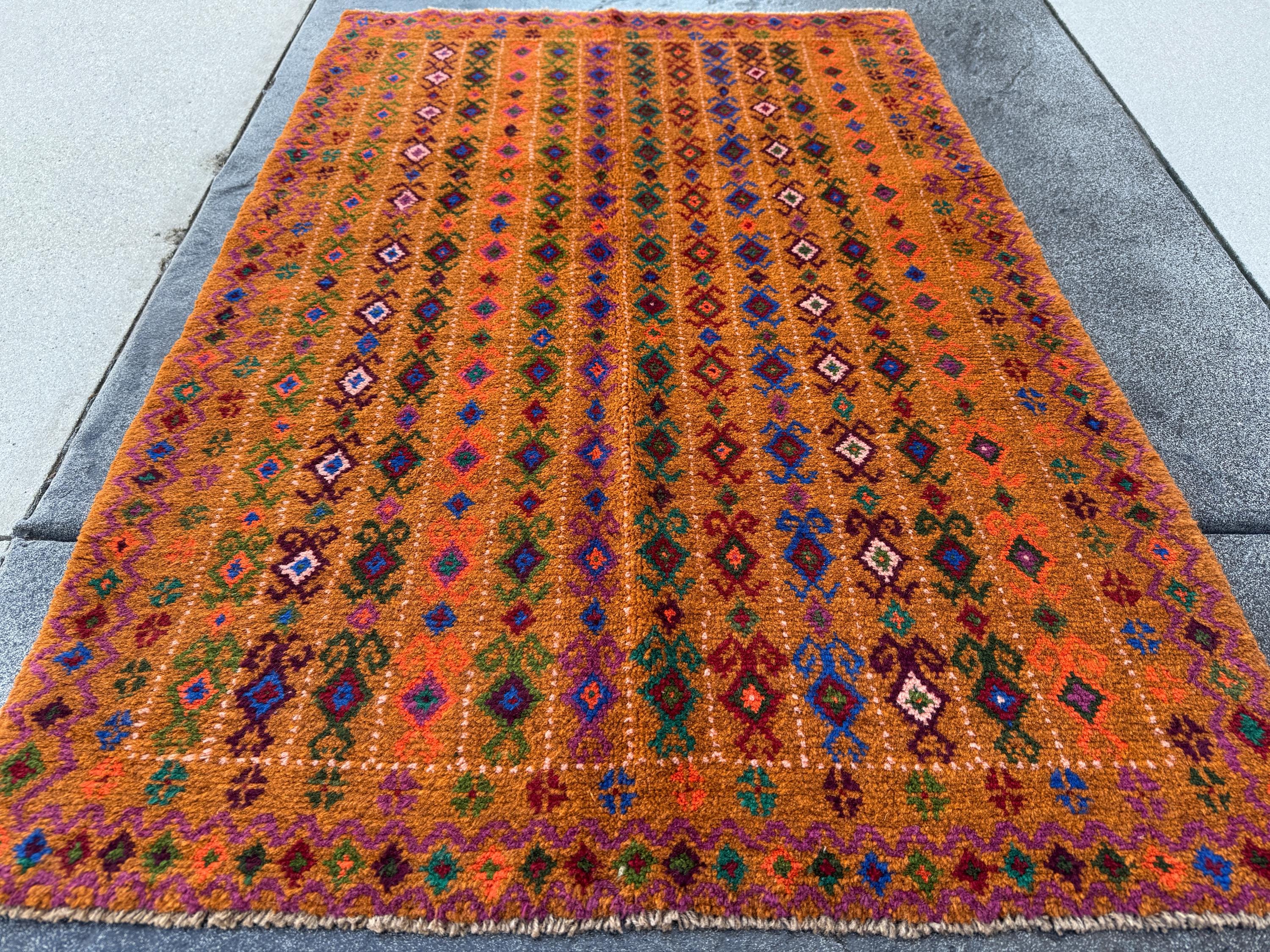 3x5 Handmade Vintage Afghan Baluch Rug | Copper Brown Forest Olive Green Navy Blue Magenta Brick Red Peach Burnt Orange | Wool Flatwoven